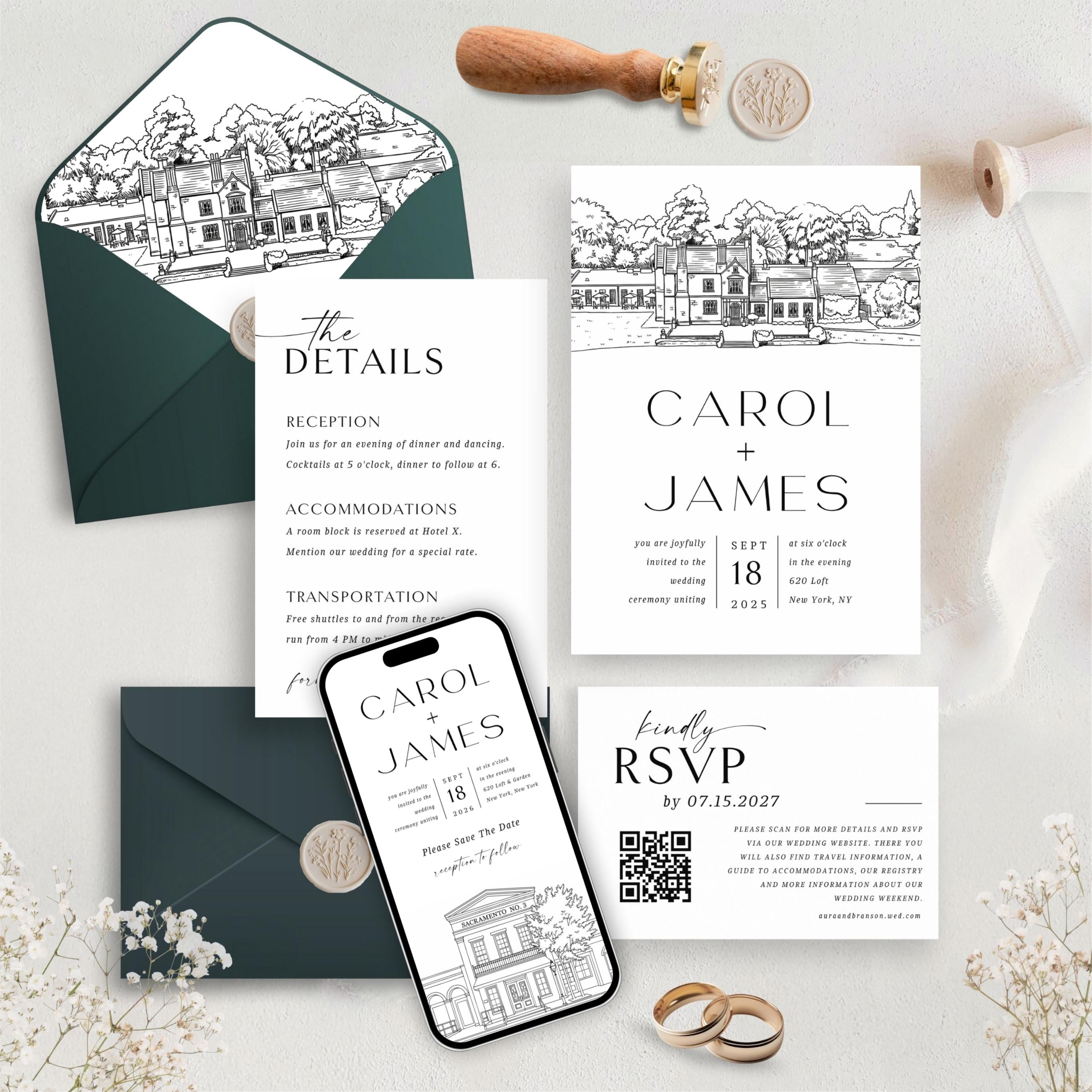 Custom Venue Lineart Invitation Suite | Editable Modern Wedding Invite Canva Template, Wedding Stationery Bundle