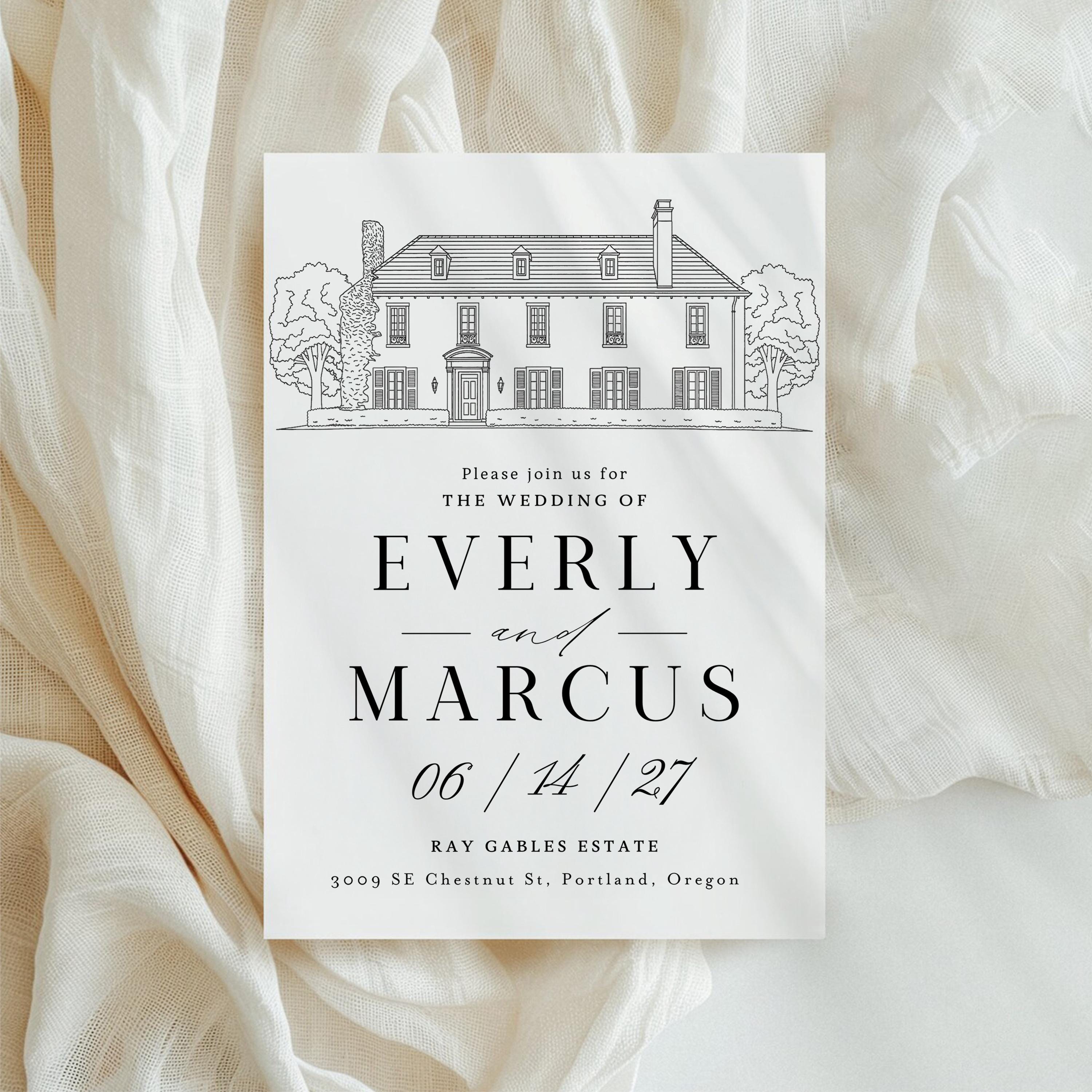 Wedding Venue Line Art Invitation: Custom Venue Sketch (Canva Template, Digital Download)