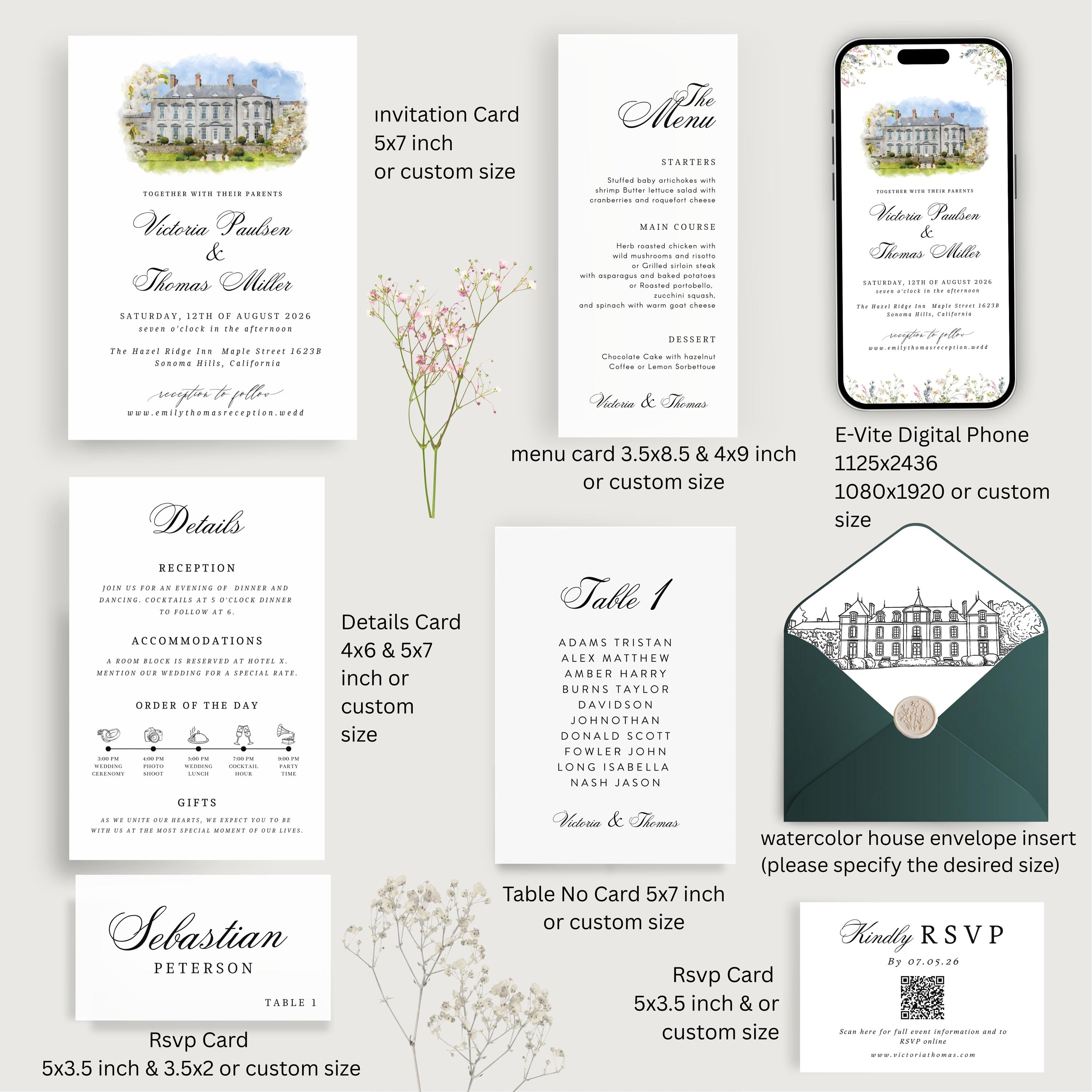 Custom Watercolor Venue Wedding Invitation Suite | Modern Invite set | Editable Canva Template