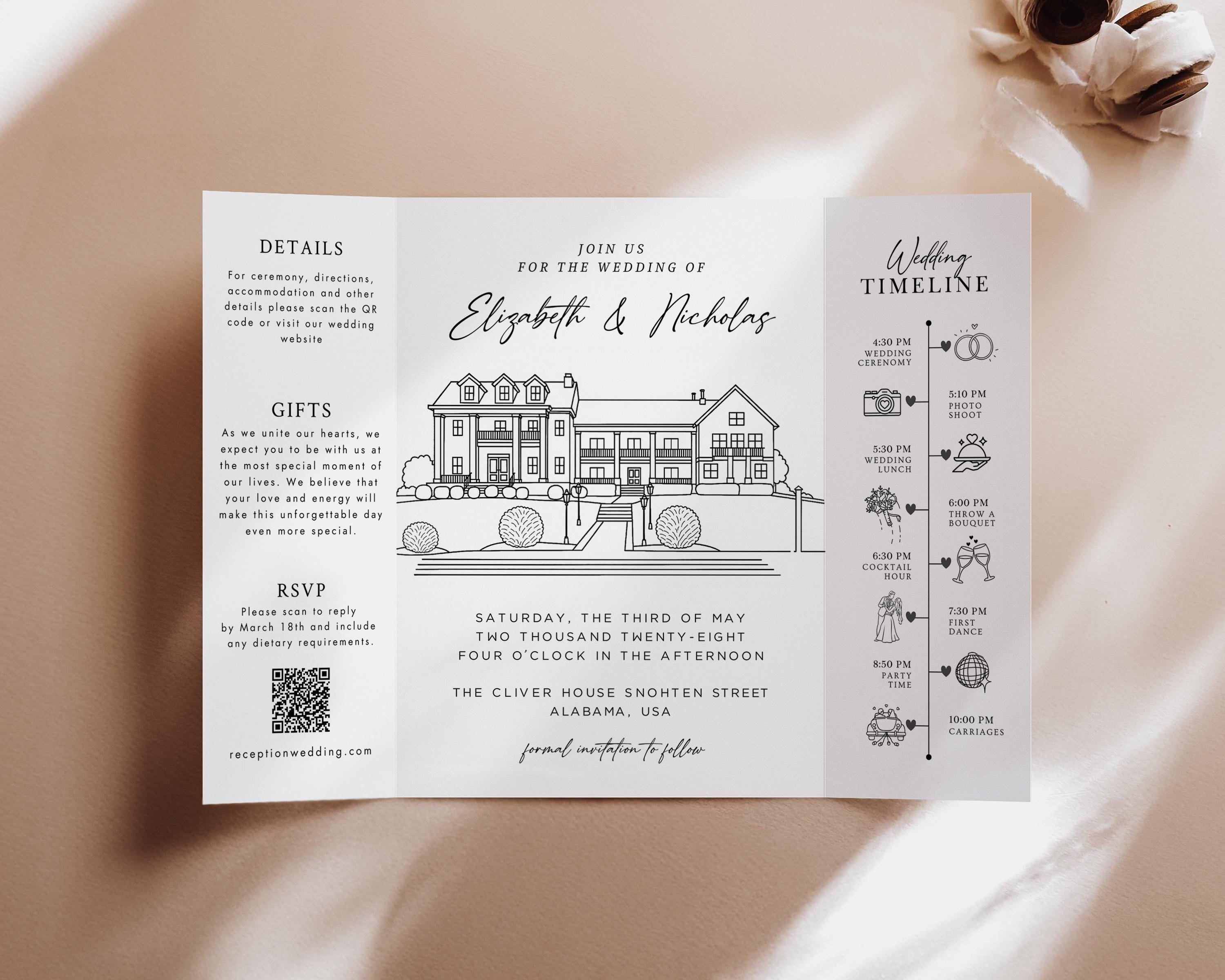 Wedding Venue Sketch Gatefold Invitation | Fully Editable Invitation Canva Template | Illustration