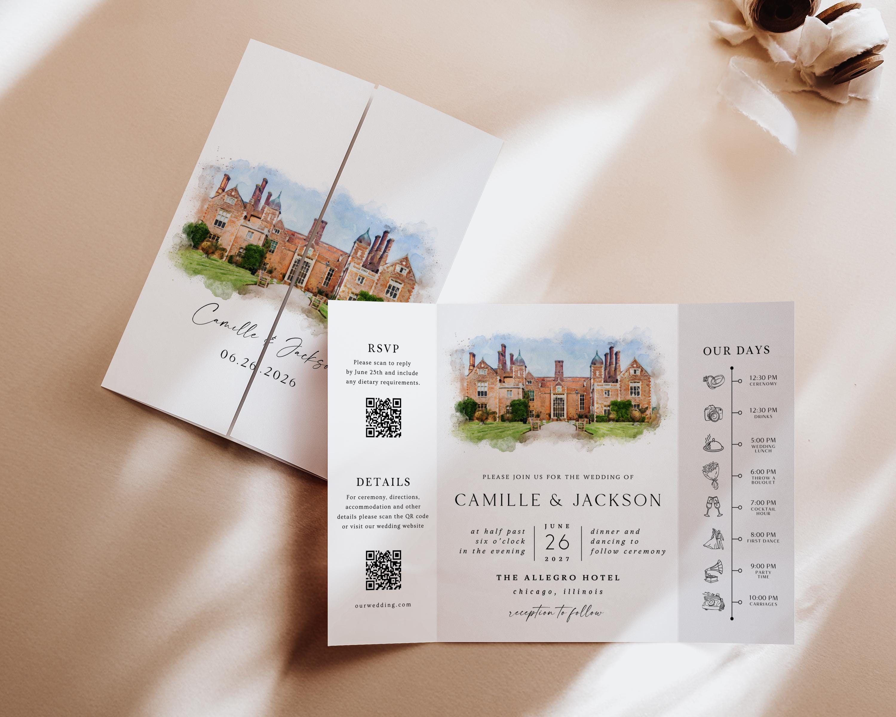 Watercolor Venue Wedding Invitation, Editable Gatefold Canva Template, Custom Invite