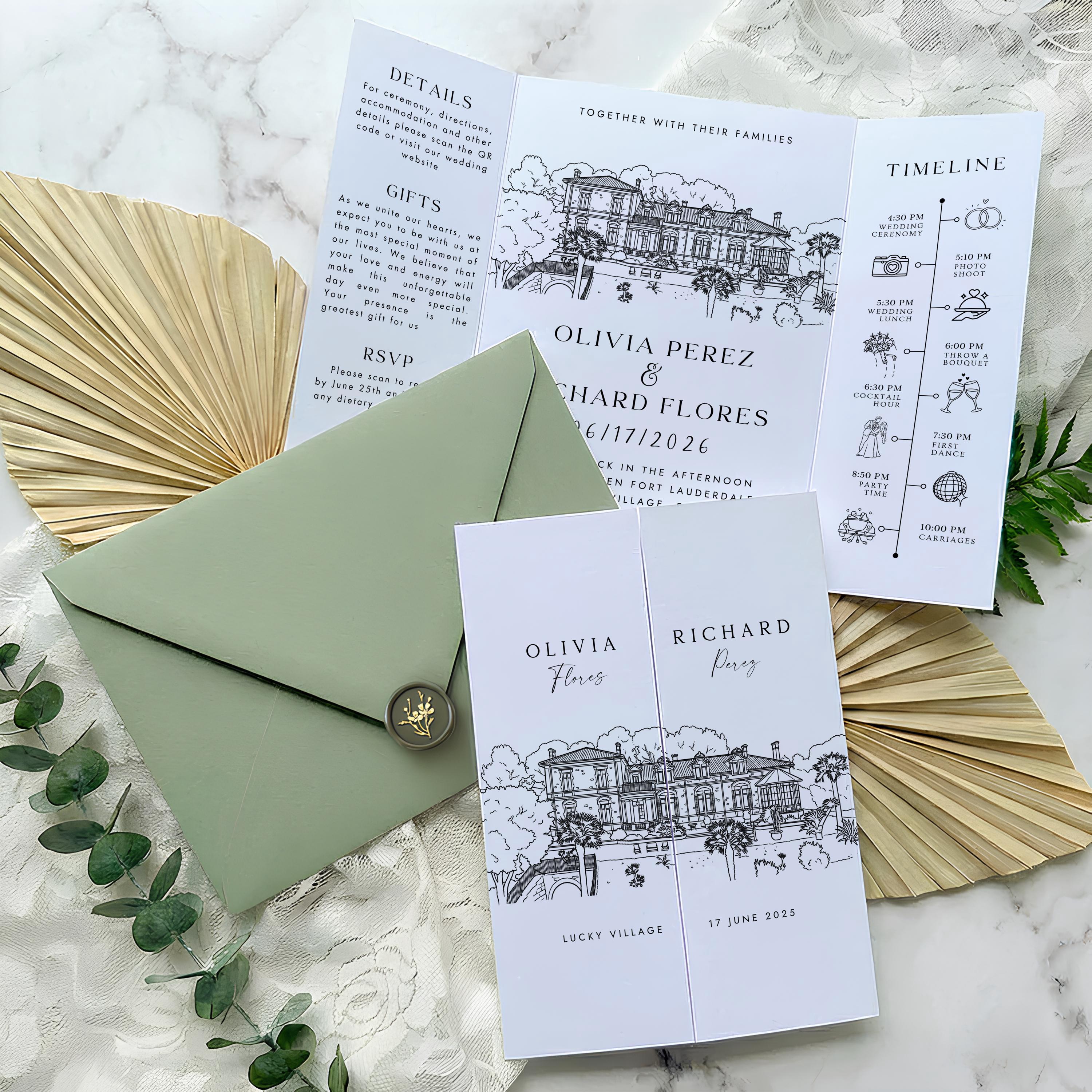 Custom Sketch Venue Gatefold Invitation | Editable Canva Lineart Gatefold Invite | Modern Wedding Template