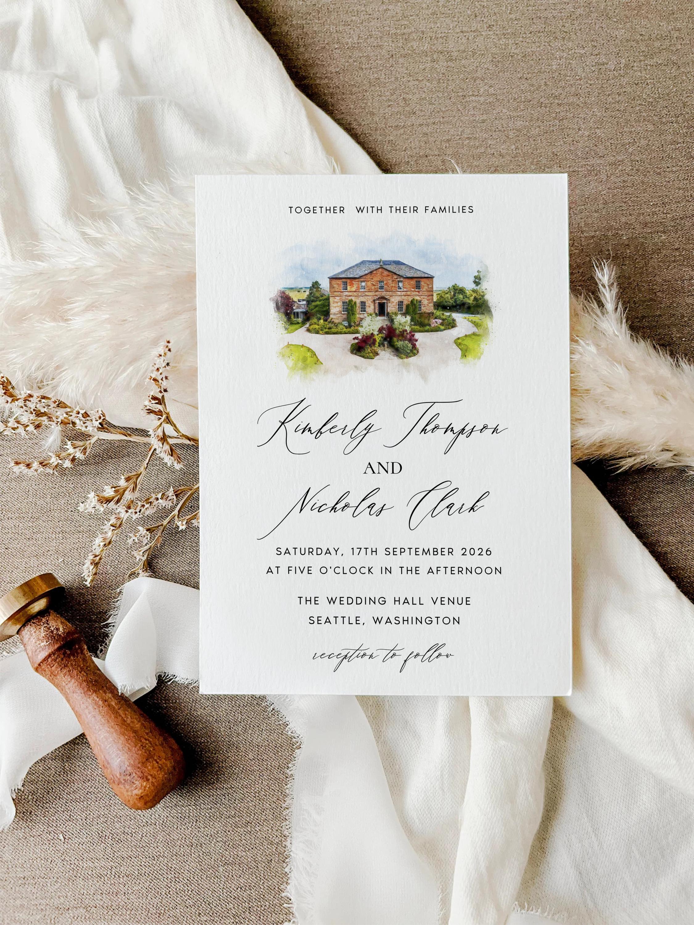 Custom Watercolor Venue Wedding Invitation set | Editable Canva Invite Template | Modern Wedding Illustration