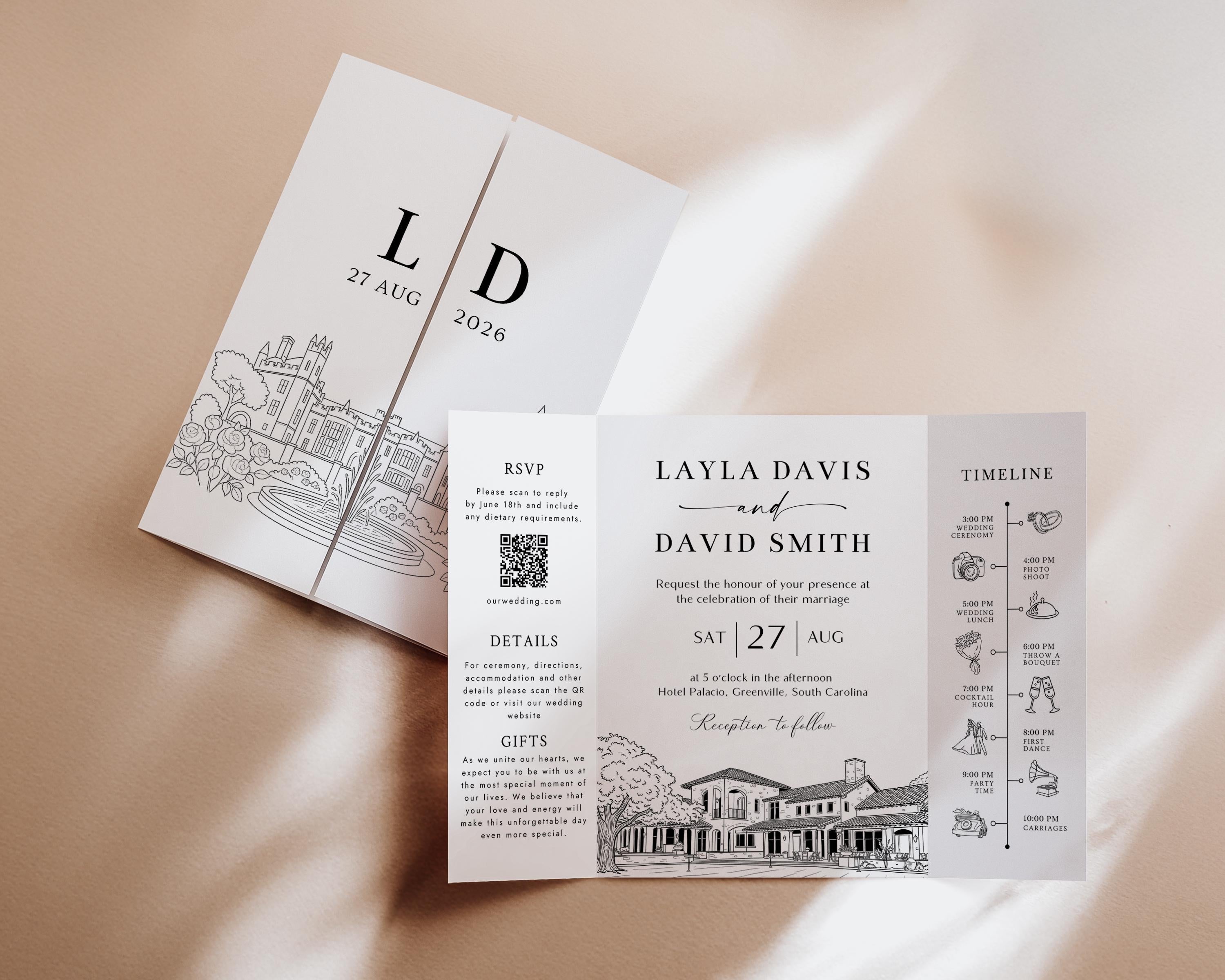 Wedding Venue Sketch Gatefold Invitation | Fully Editable Invitation Canva Template | Illustration