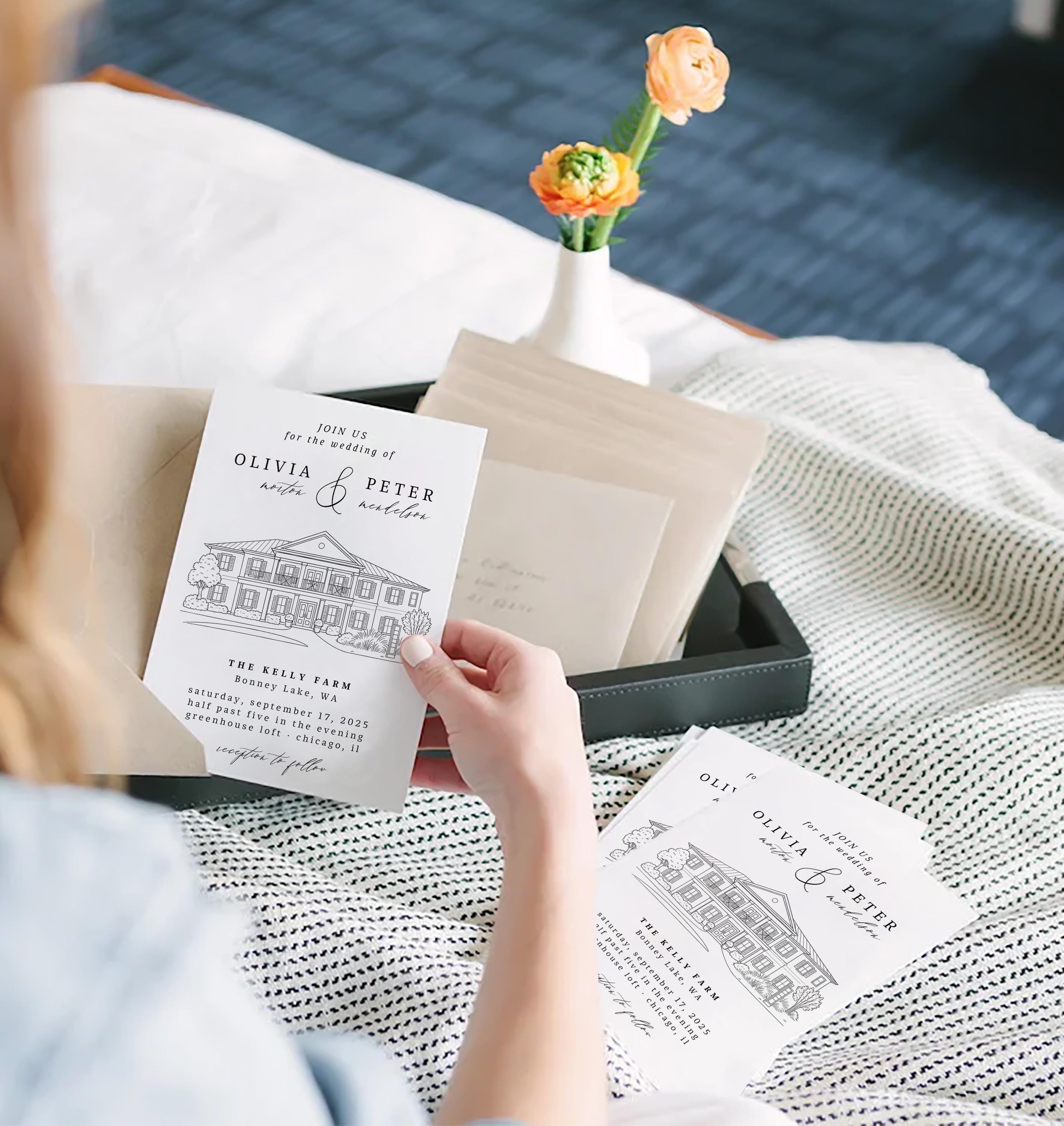 Venue Illustration Wedding Invitation Template: Custom Line Art