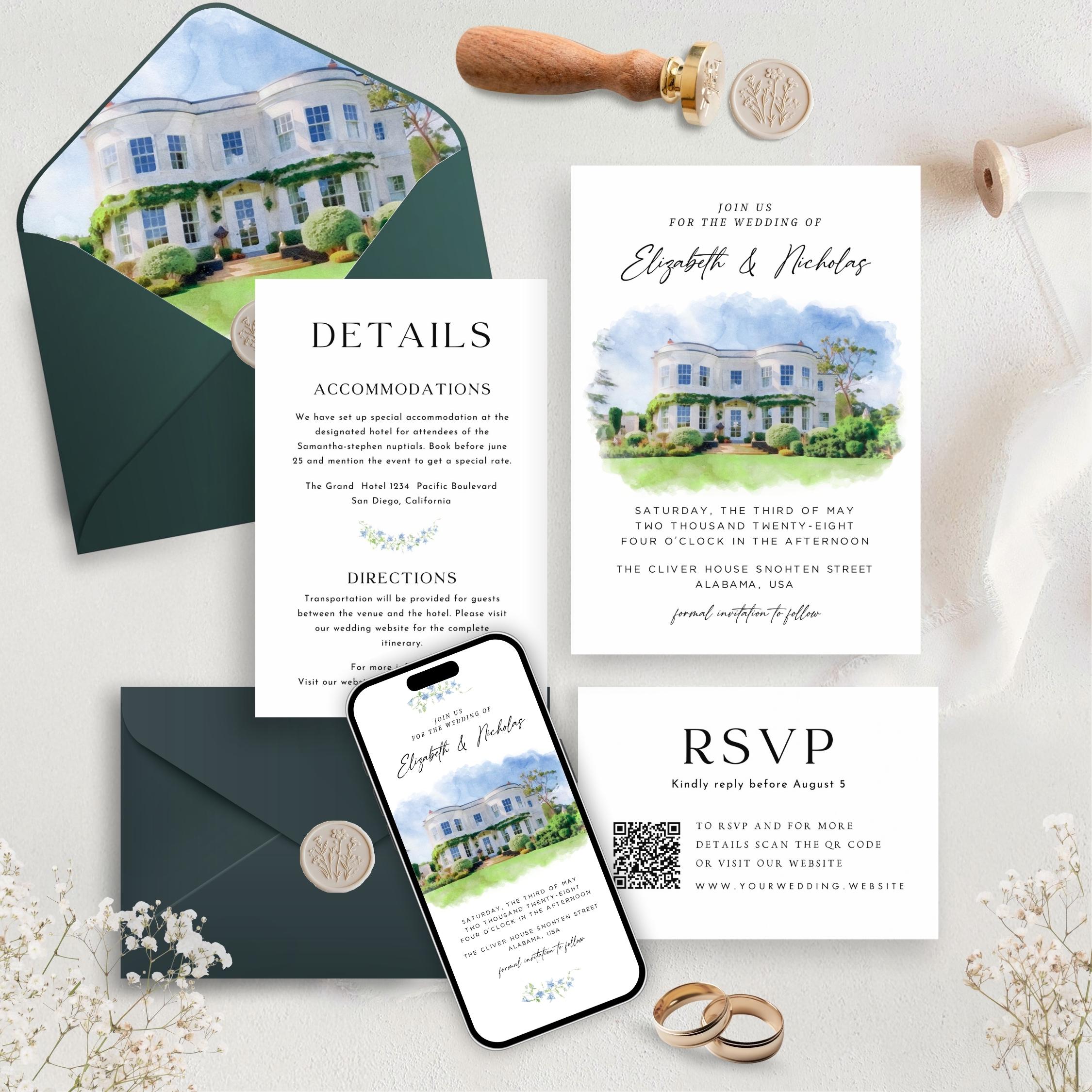 Custom Watercolor Venue Wedding Invitation | Printable Wedding Stationery Bundle | Editable Canva Template