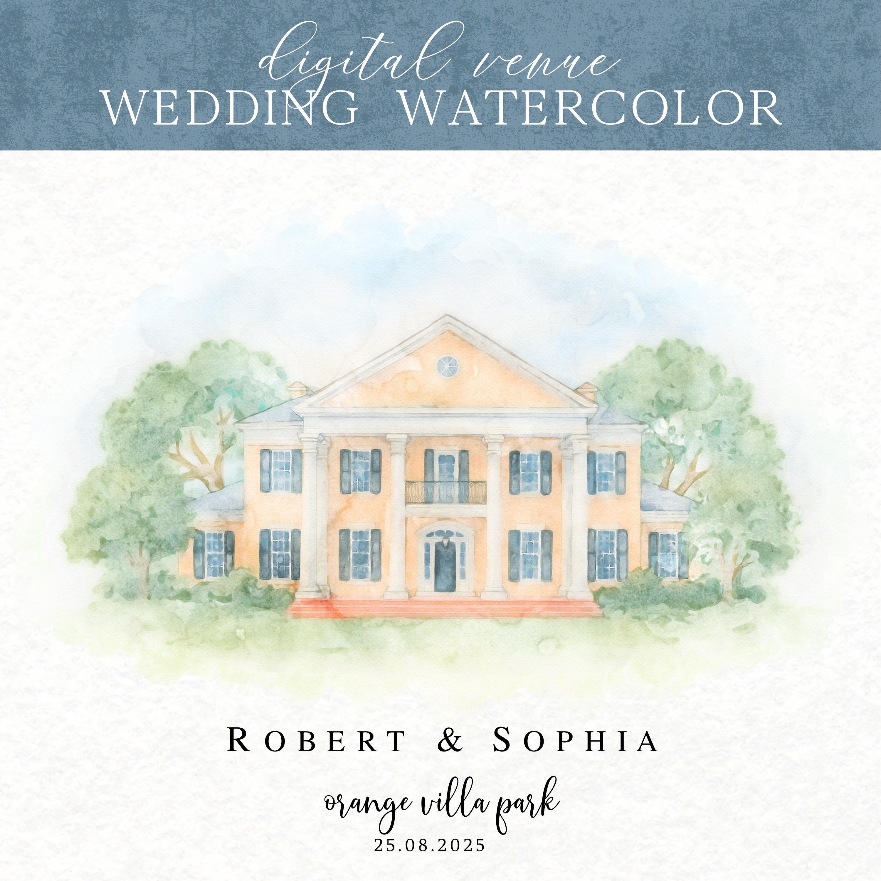 Custom Wedding Venue Watercolor Illustration: Digital Painting Print