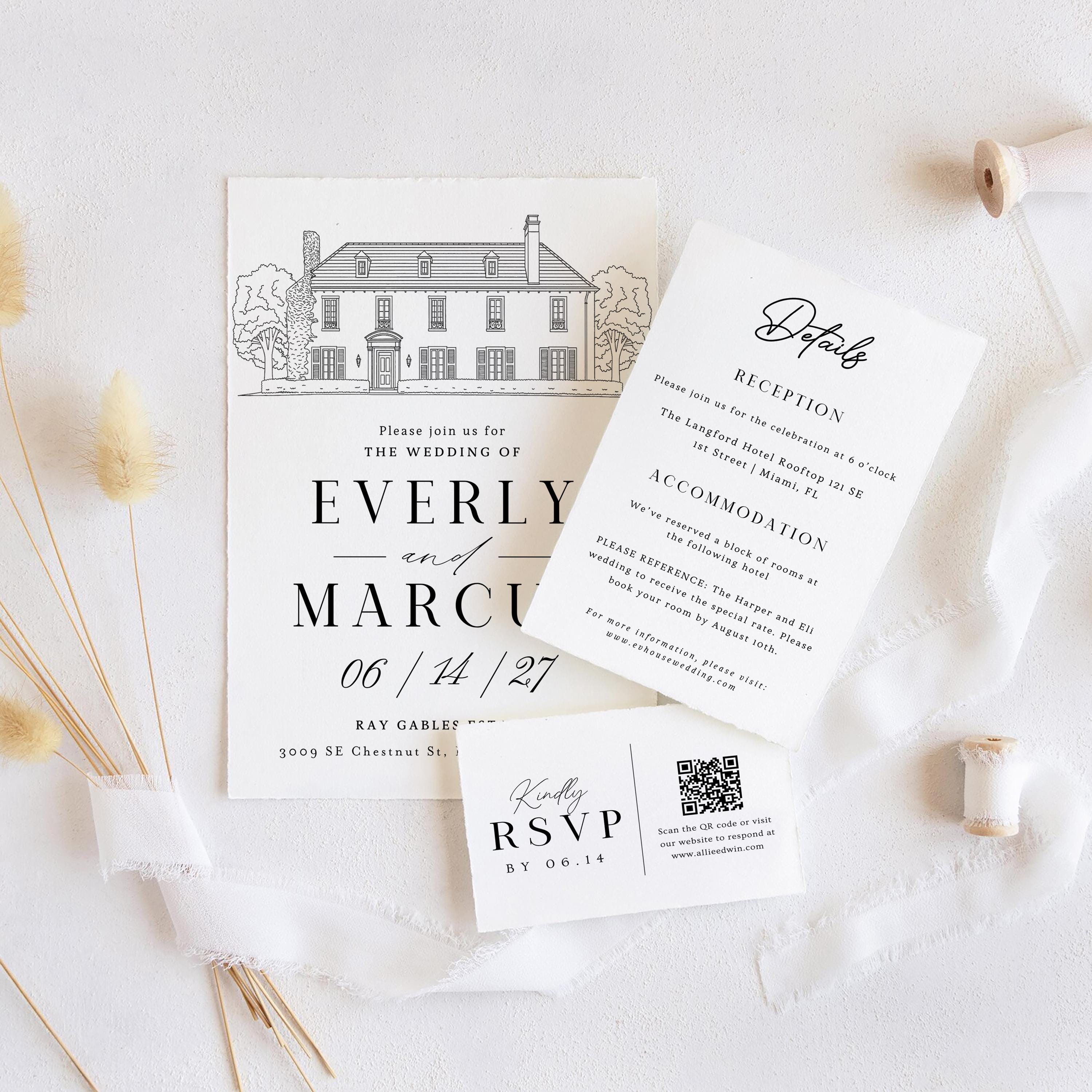 Custom Venue Line Art Wedding Invitation Template (DIY Canva Edit, Digital Download)