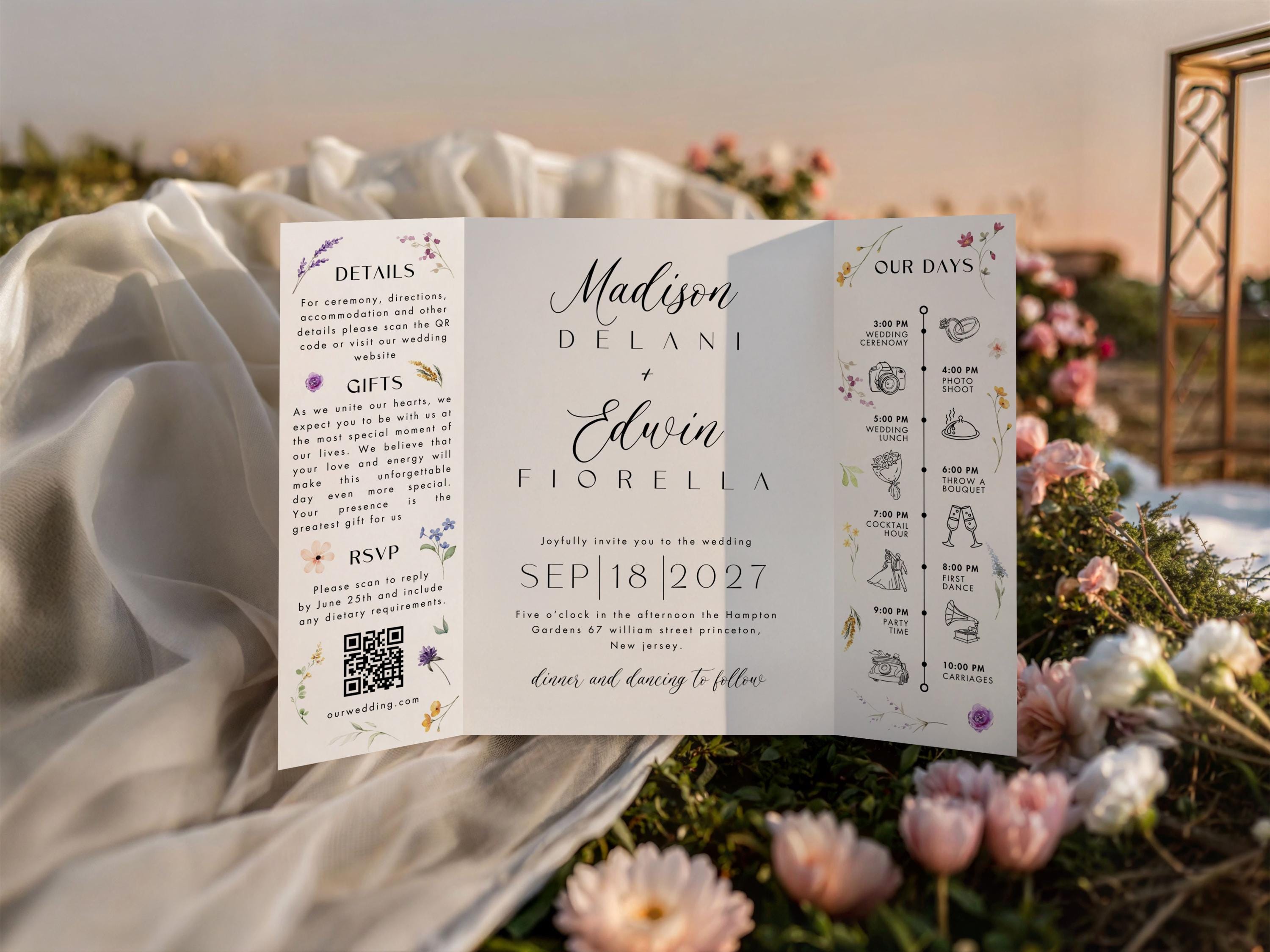 Custom Watercolor Venue Wedding Invitation, Editable Canva Gatefold Invite Template