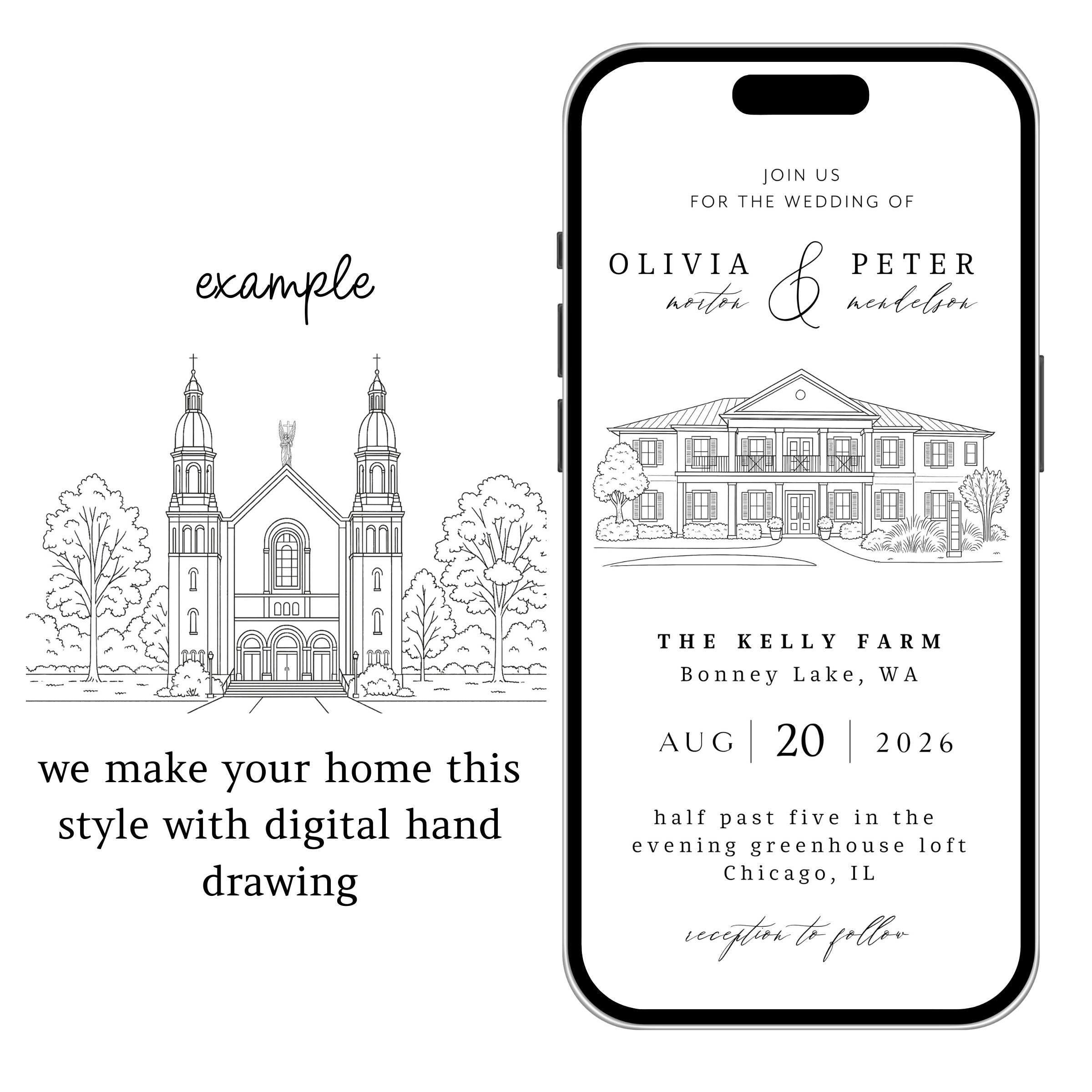 Venue Sketch Save the Date: Digital Wedding Invitation (JPEG, PNG, PDF