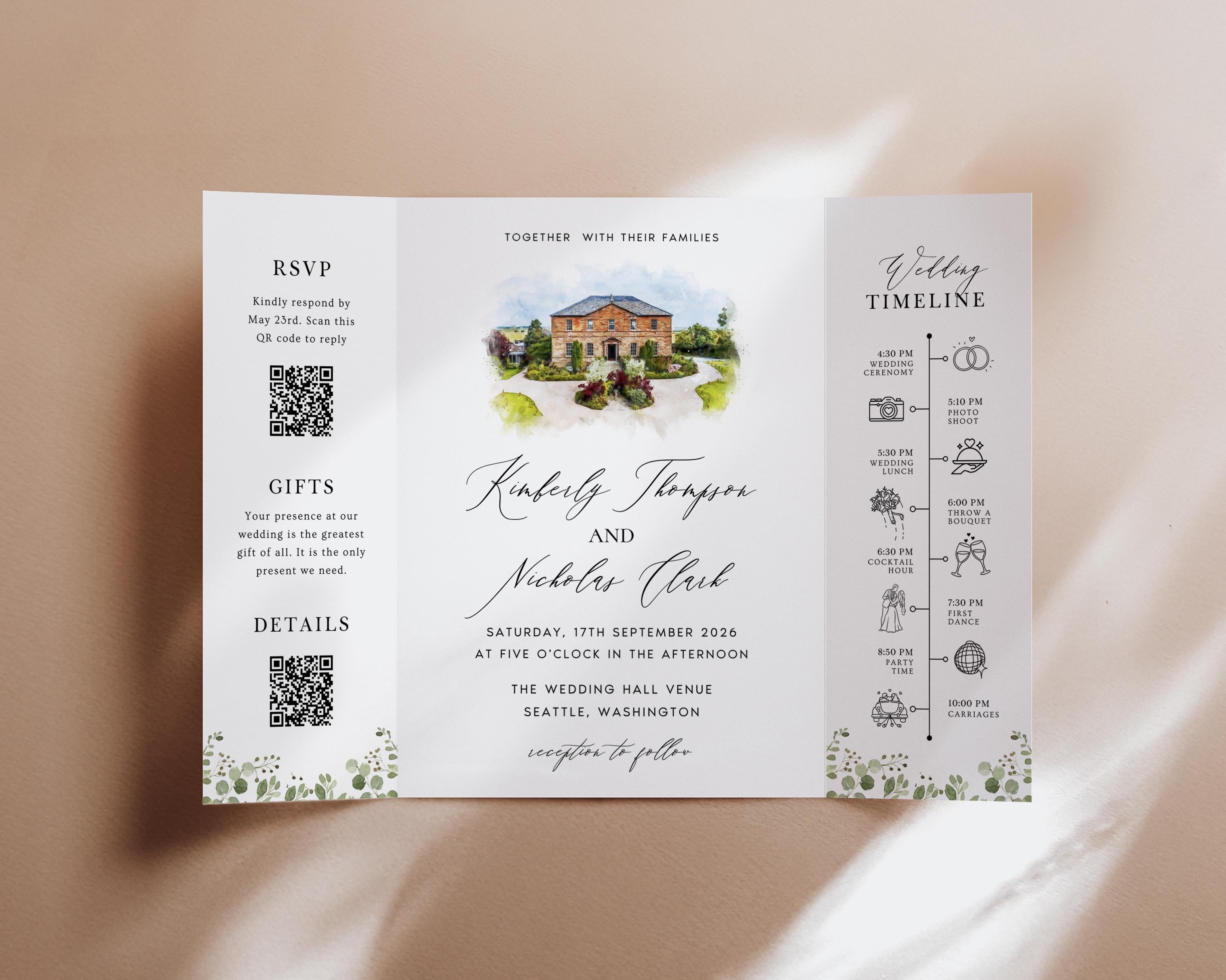 Personalized Watercolor Venue Wedding Invitation | Editable Canva Custom Gatefold Invite | Modern Wedding Template