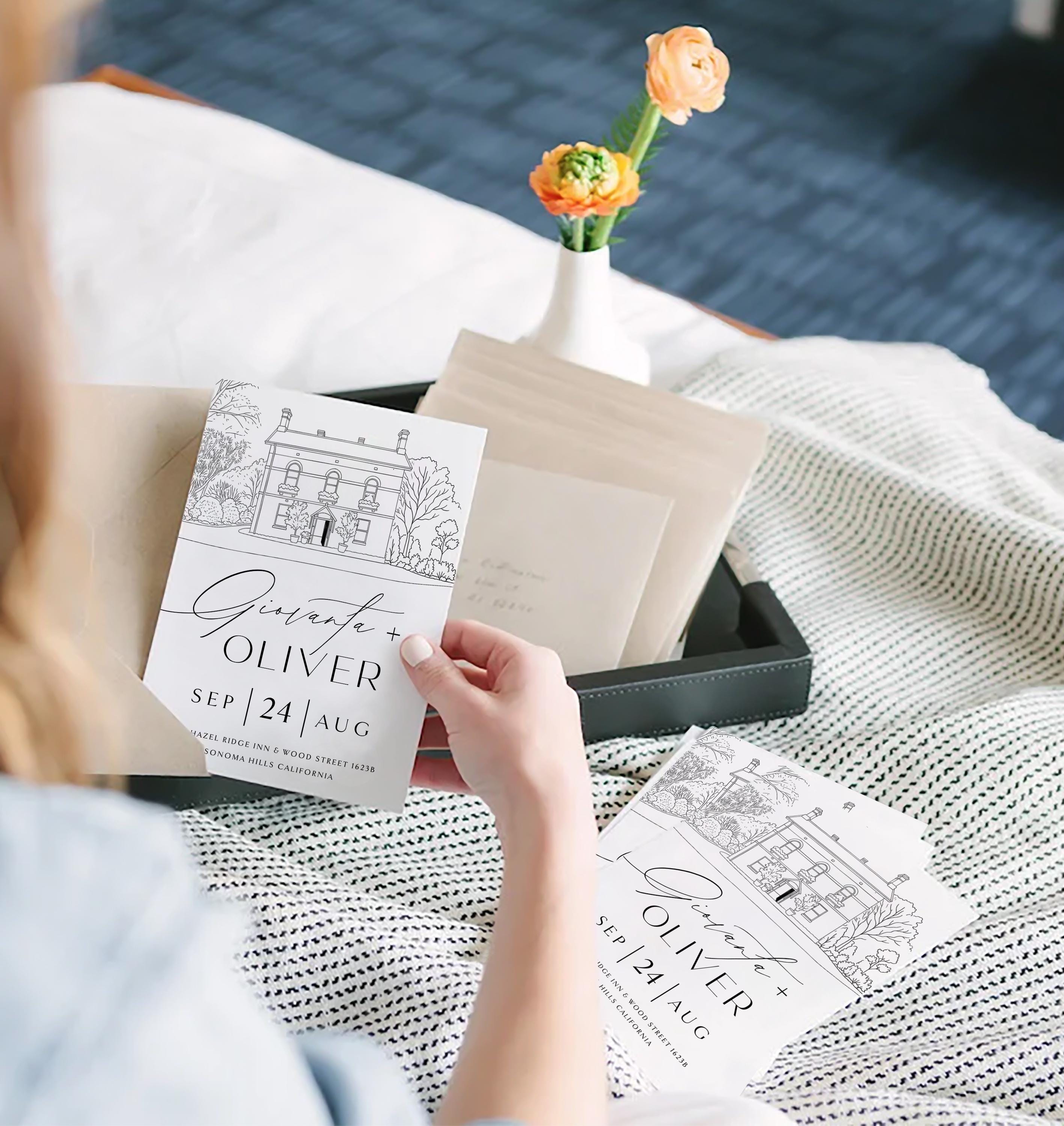 Wedding Venue Line Art Invitation: Custom Venue Sketch (Canva Template, Digital Download