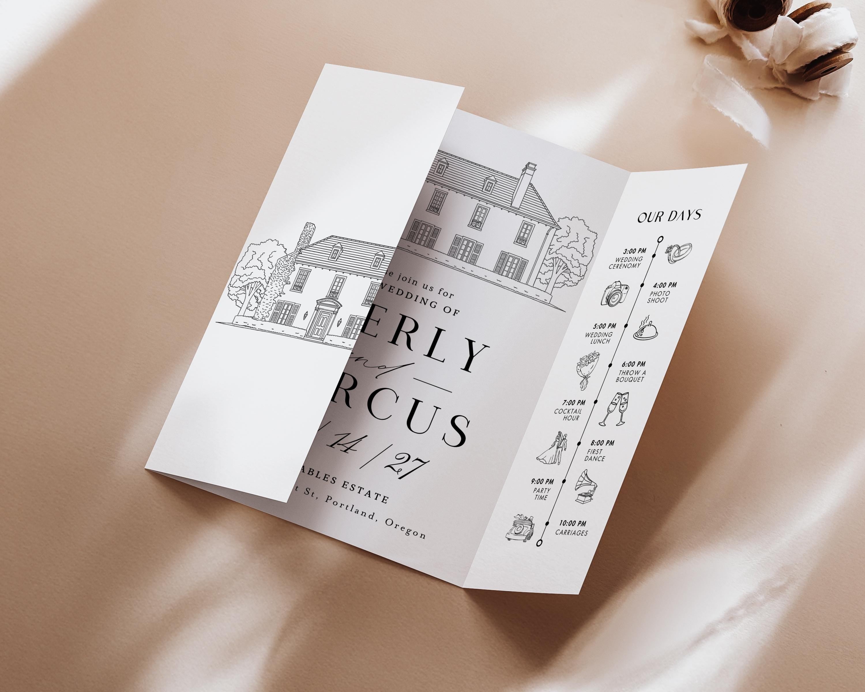 Custom Wedding Venue Illustration Invitation: Line Drawing Gatefold Template