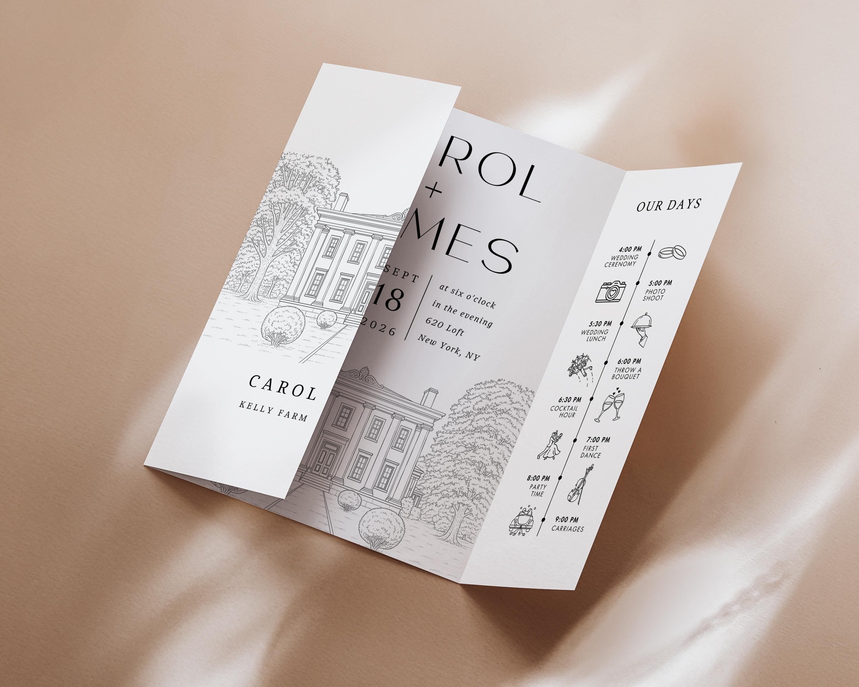 Custom Sketch Venue Gatefold Invitation | Editable Canva Lineart Gatefold Invite | Modern Wedding Template