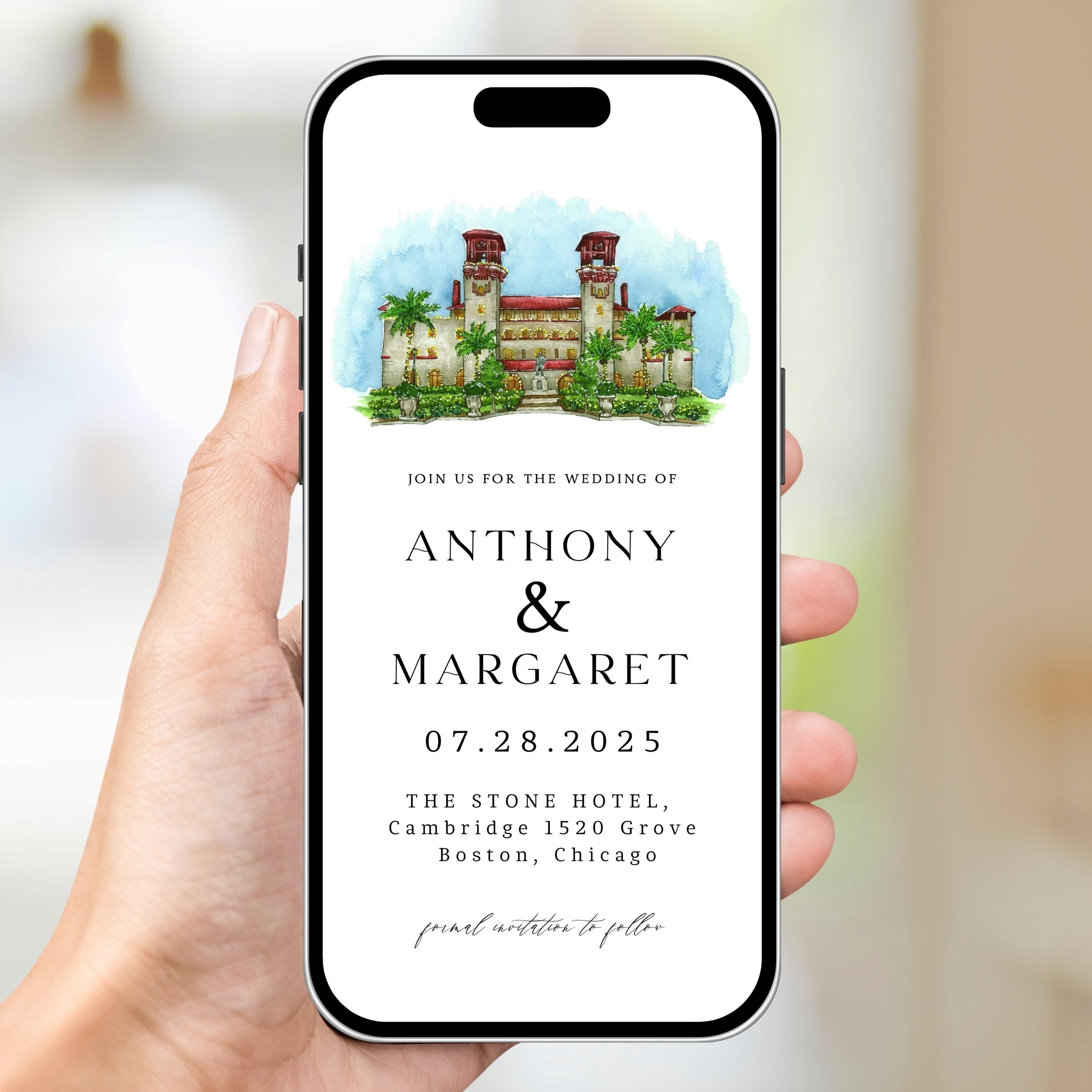 Digital Venue Sketch Save the Date: Watercolor Wedding E-vite (JPEG, PNG, PDF