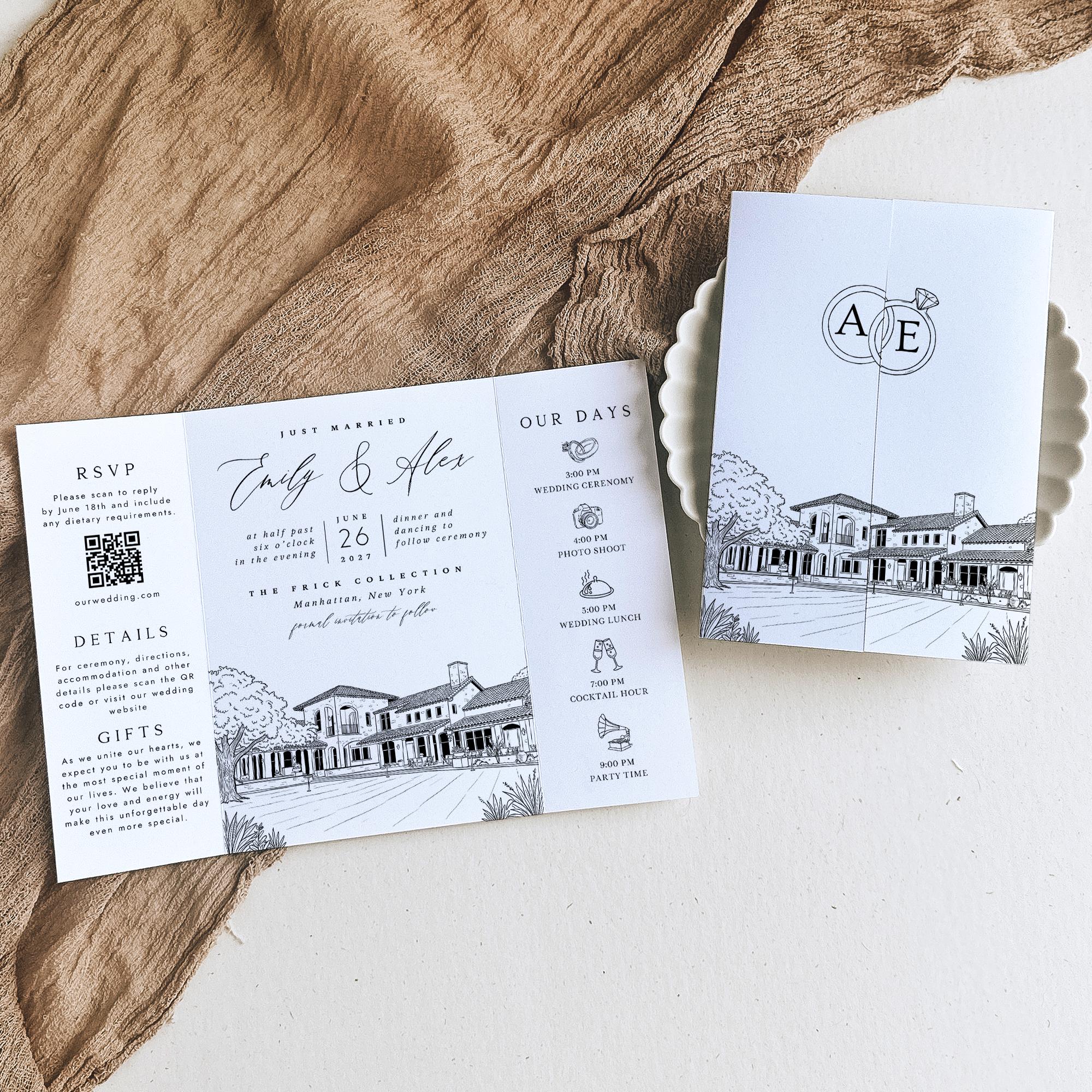 Custom Sketch Venue Gatefold Invitation | Editable Canva Lineart Gatefold Invite | Modern Wedding Template