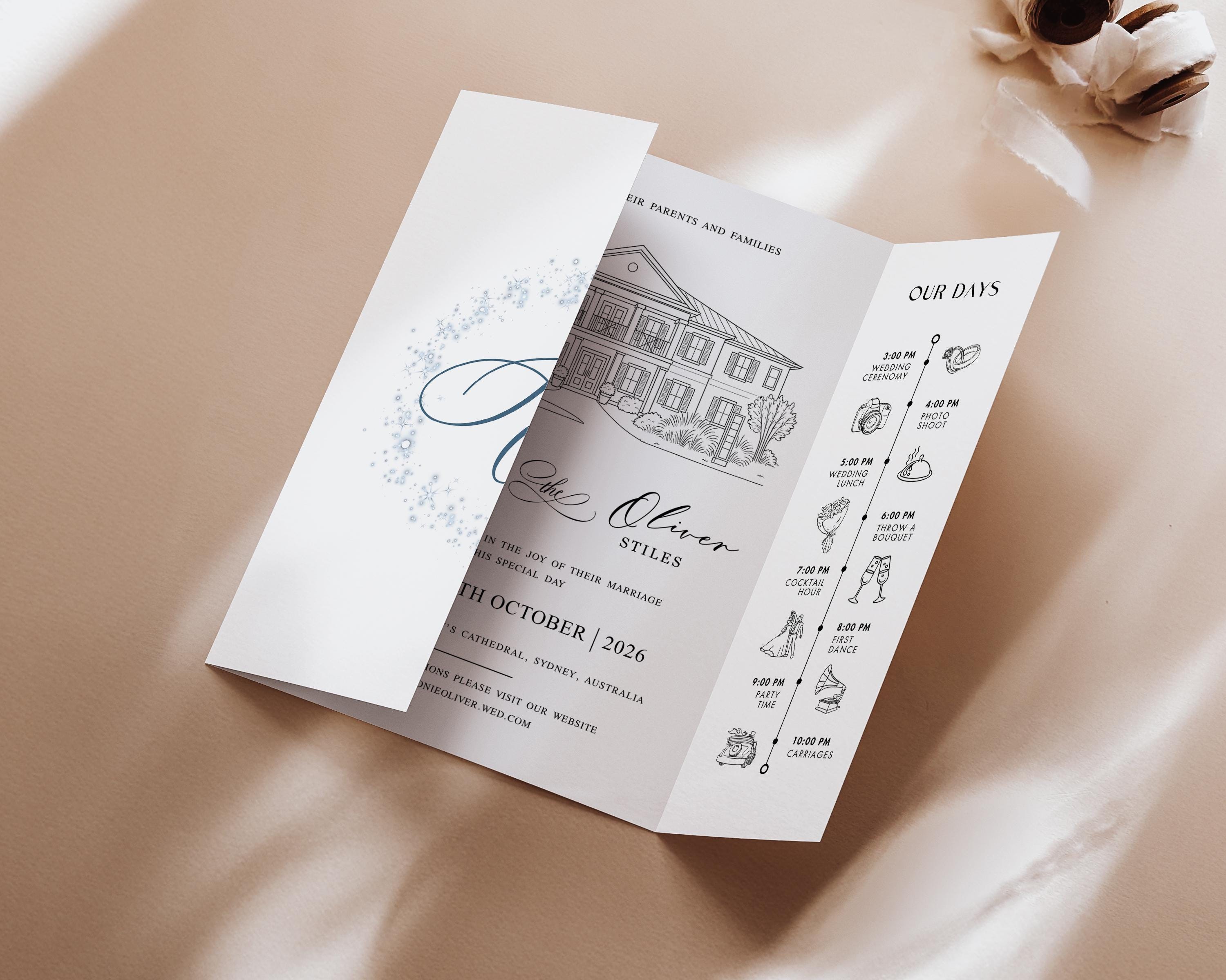 Line Drawing Gatefold | Venue Sketch Wedding Invitations | Wedding Gatefold Invitations | Custom Illustration Invite|Editable Canva Template