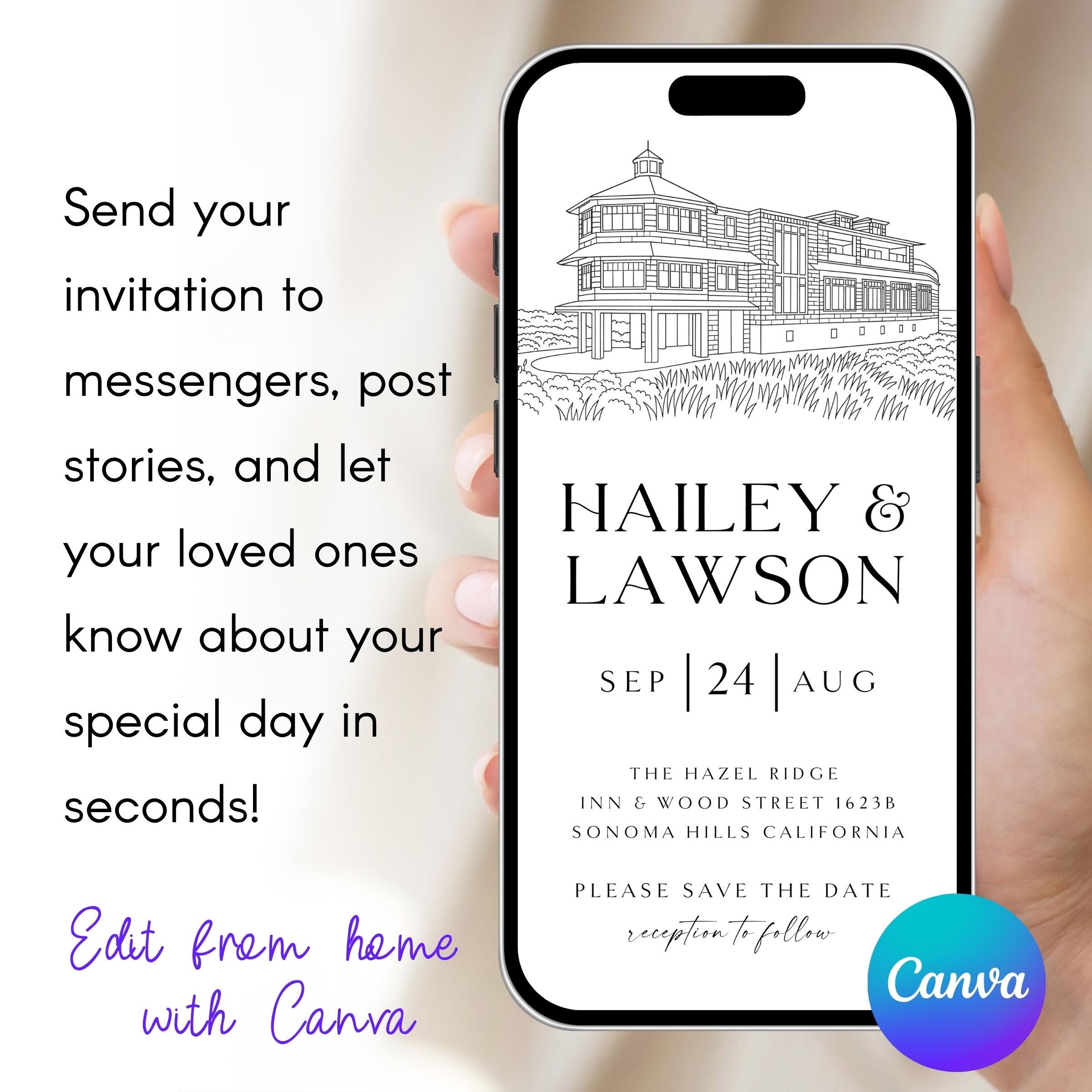 Venue Sketch Save the Date: Digital Wedding Invitation (JPEG, PNG, PDF