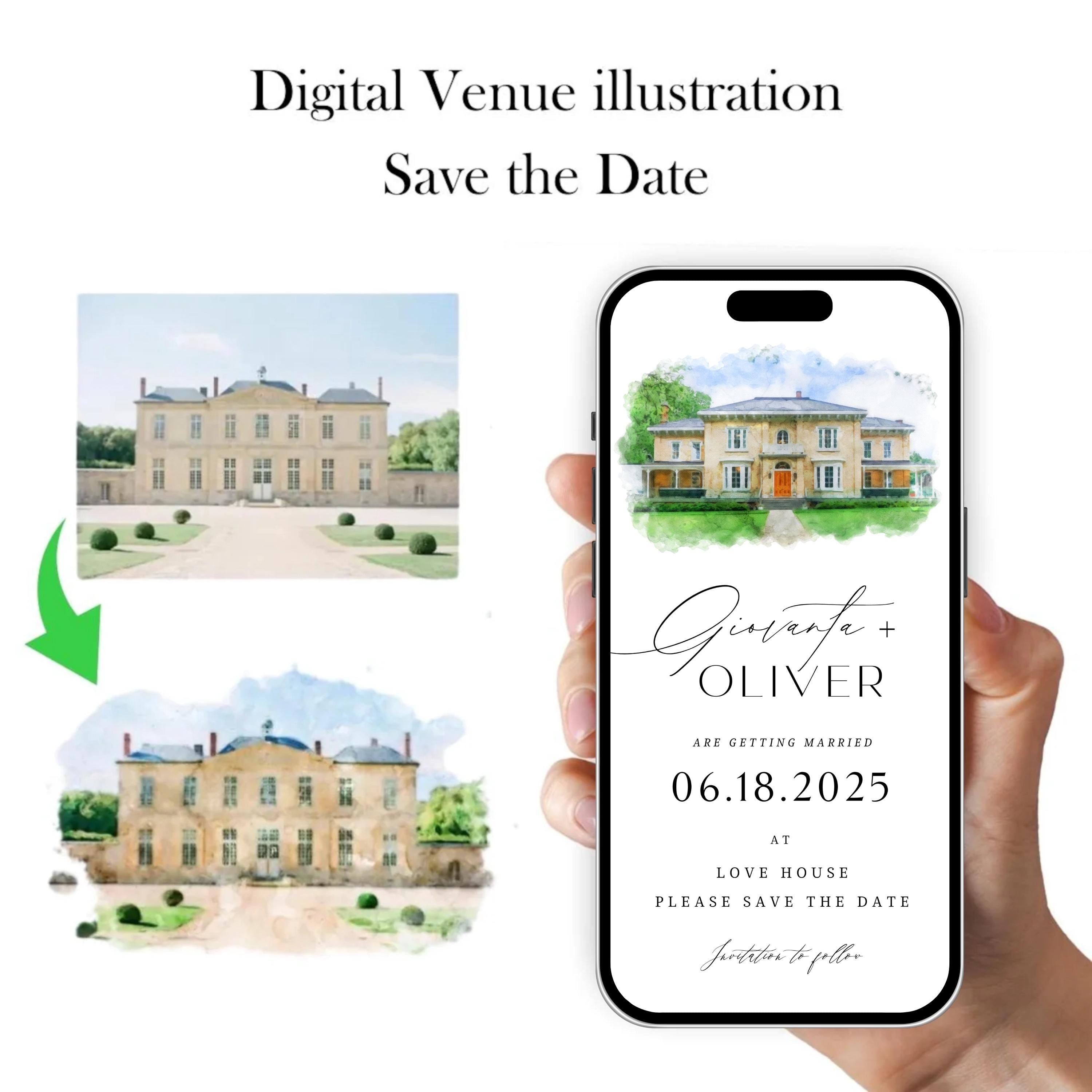 Digital Venue Sketch Save the Date: Watercolor Wedding E-vite (JPEG, PNG, PDF