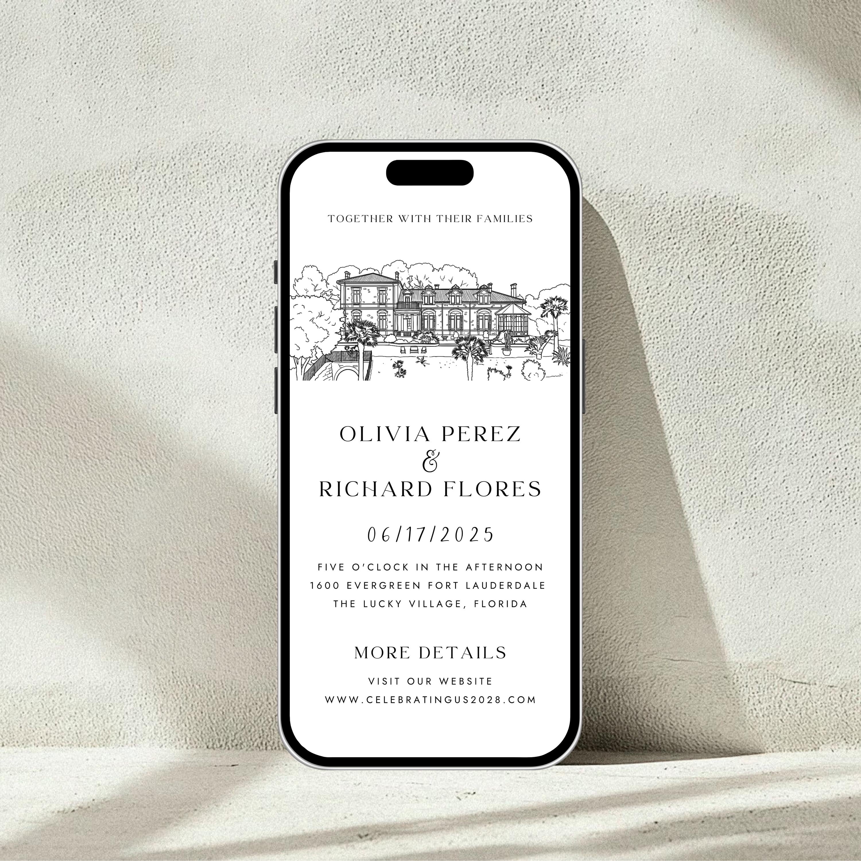 Custom Venue Line art Invitation Bundle | Personalized illustration Wedding Invite Canva Template | Wedding Stationery