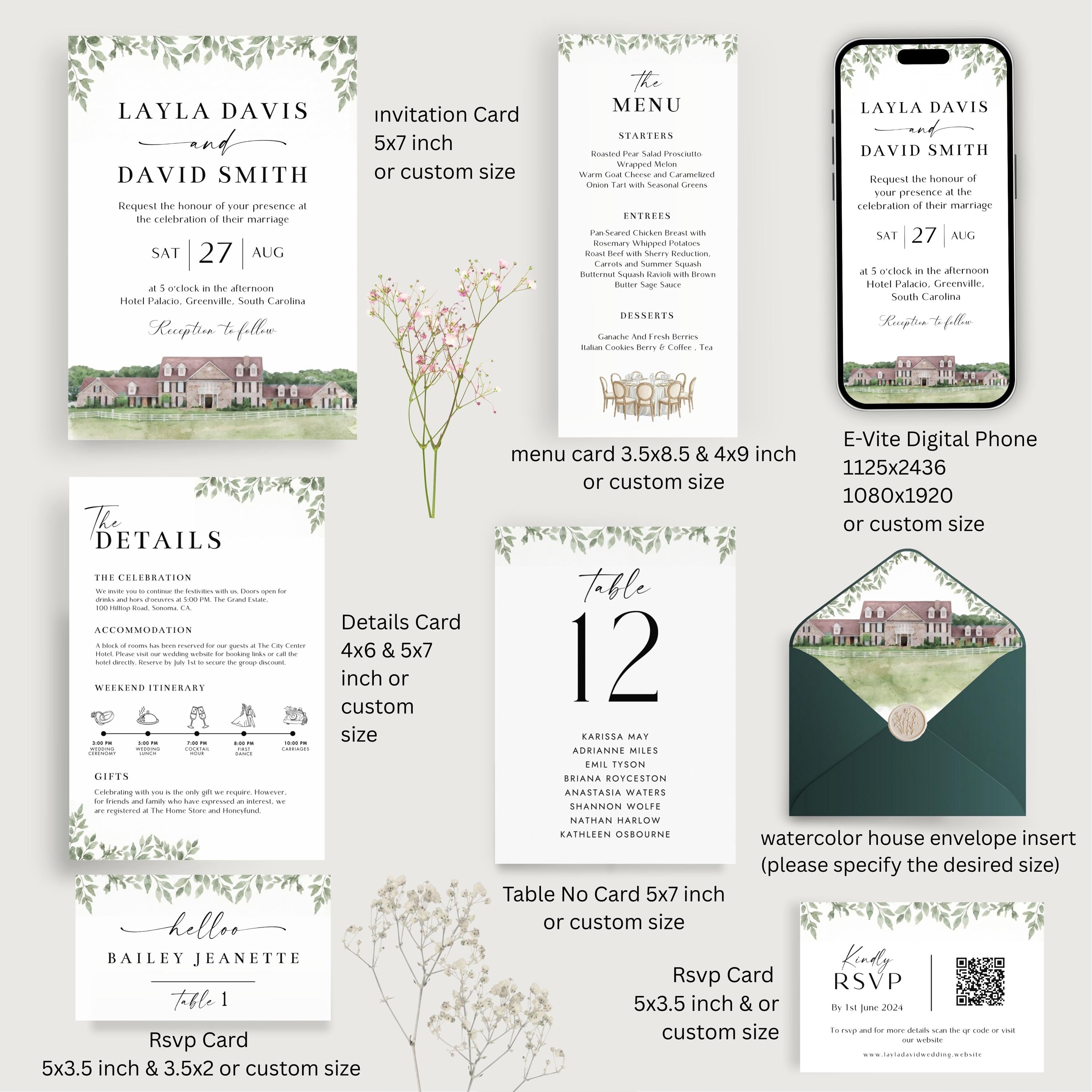 Custom Watercolor Venue Wedding Invitation | Printable Wedding Stationery Bundle | Editable Canva Template