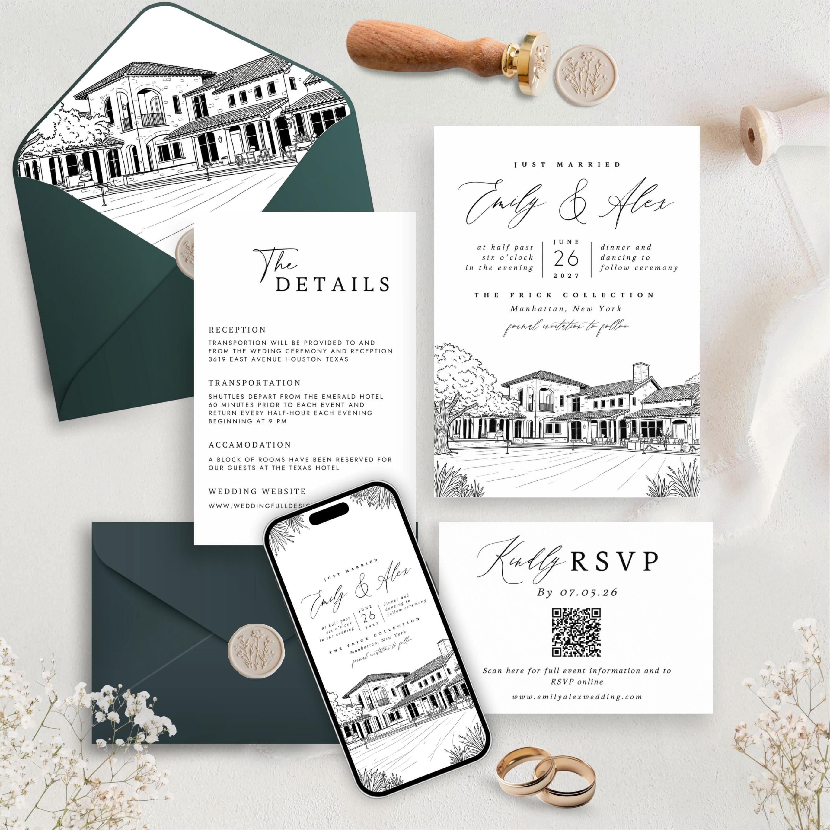 Personalized Wedding Venue Sketch Invitation Suite | Modern Wedding Stationery Bundle | Editable Canva Template