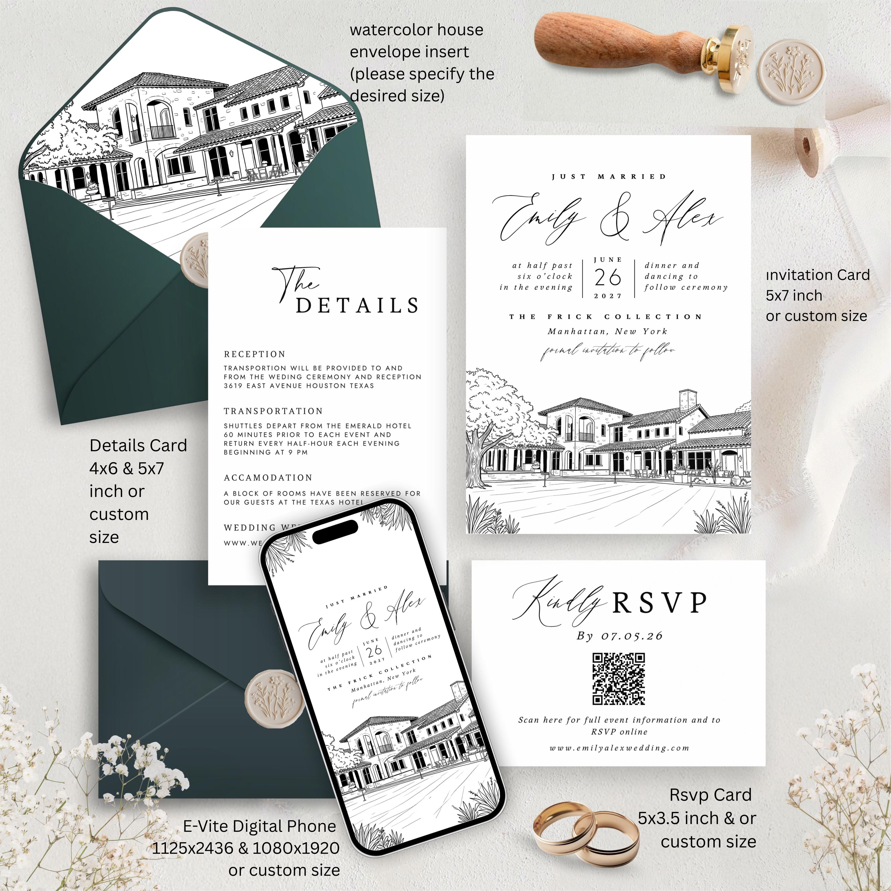 Personalized Wedding Venue Sketch Invitation Suite | Modern Wedding Stationery Bundle | Editable Canva Template