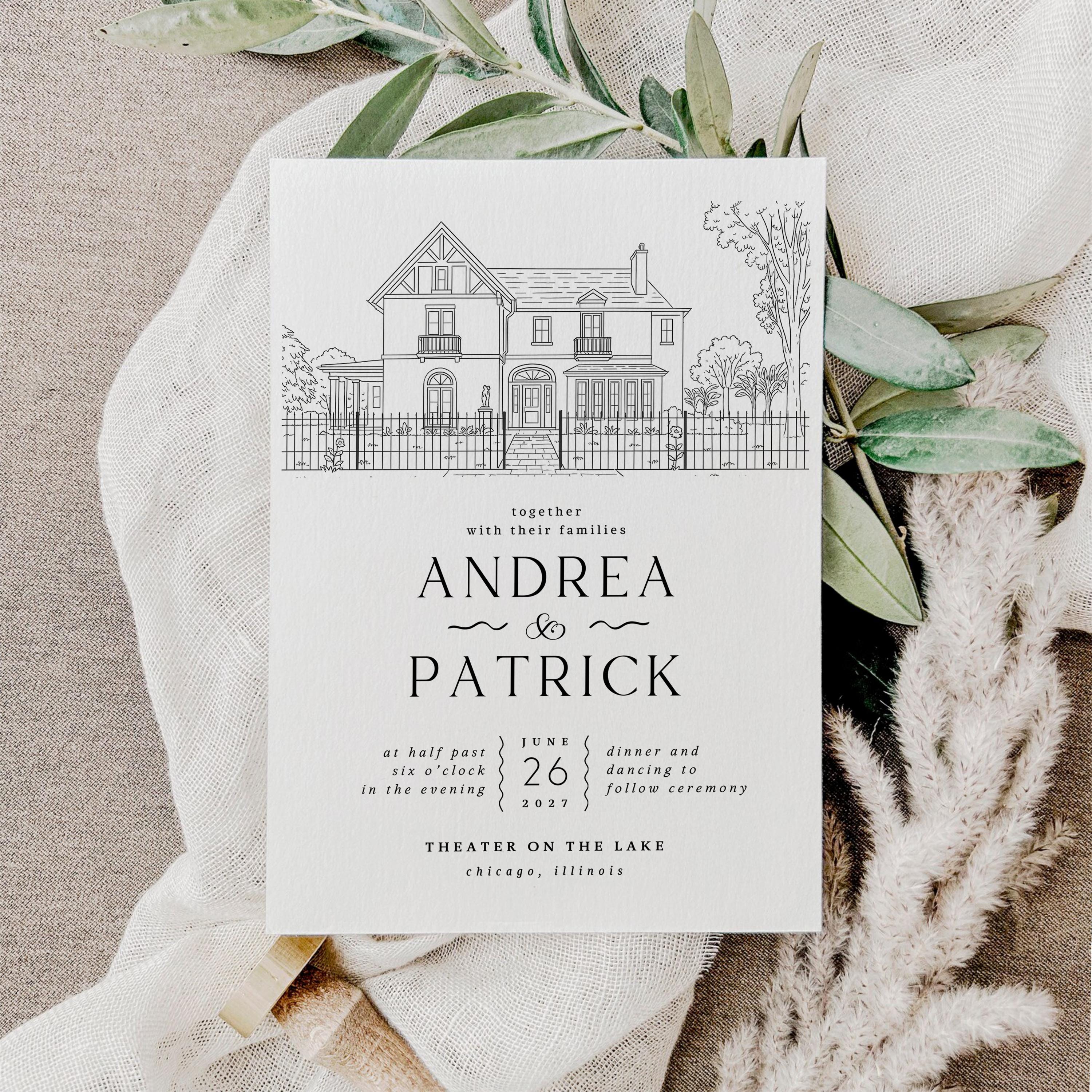 Custom Wedding Venue Sketch Invitation: Line Drawing (Digital)