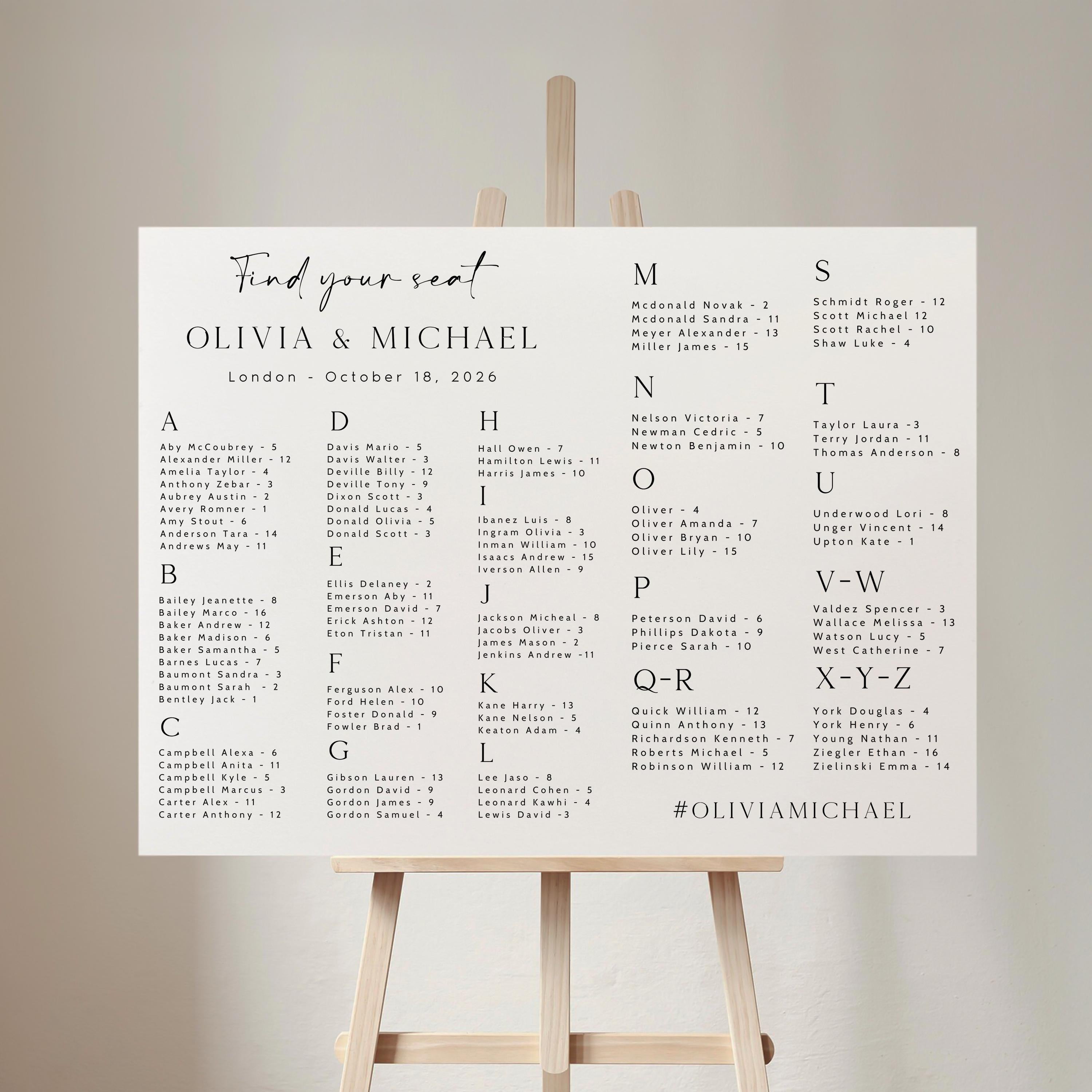 Minimalist Wedding Seating Chart Template: Modern Alphabetical Design (Digital Download