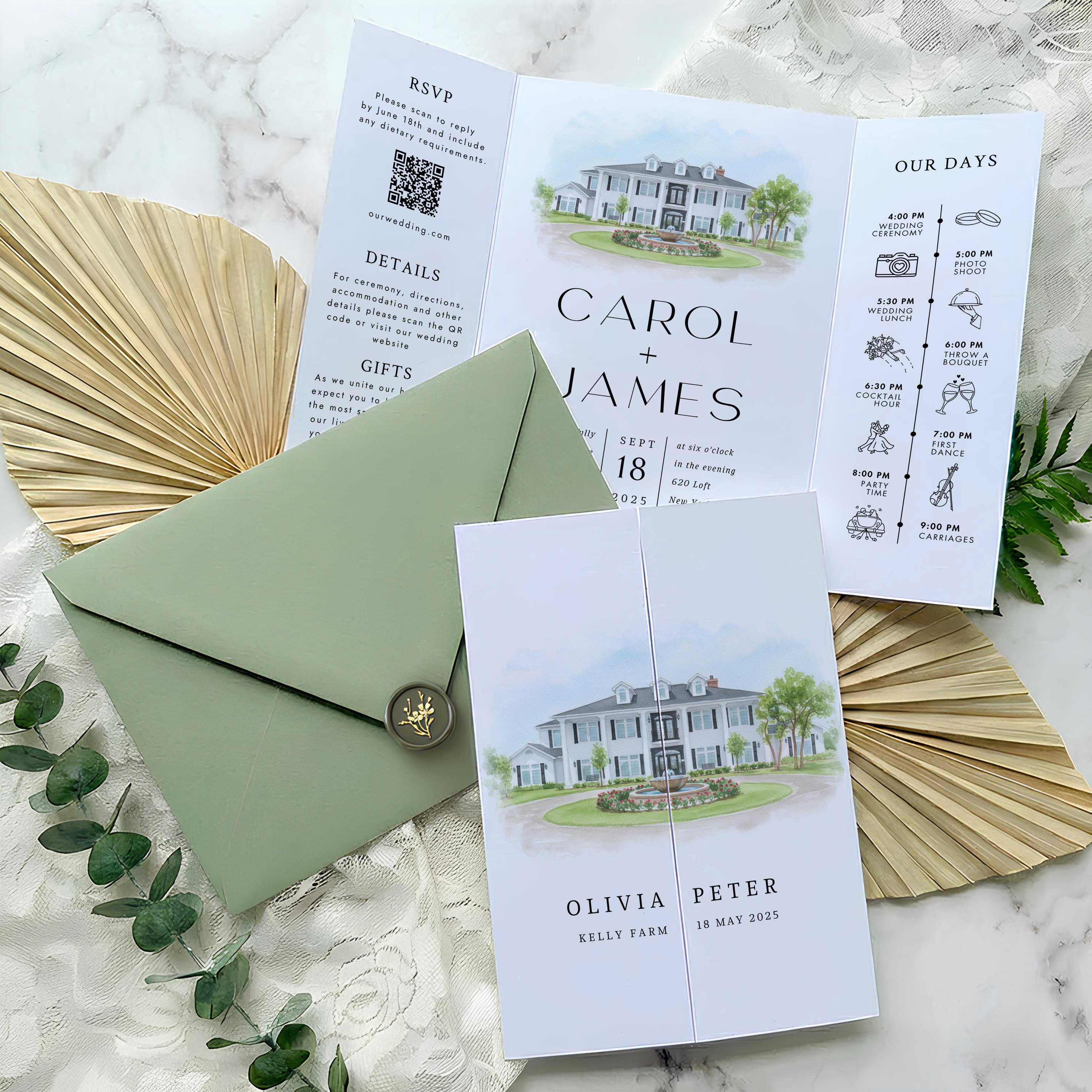 Custom Watercolor Venue Wedding Invitation Suite | Modern Invite set | Editable Canva Template