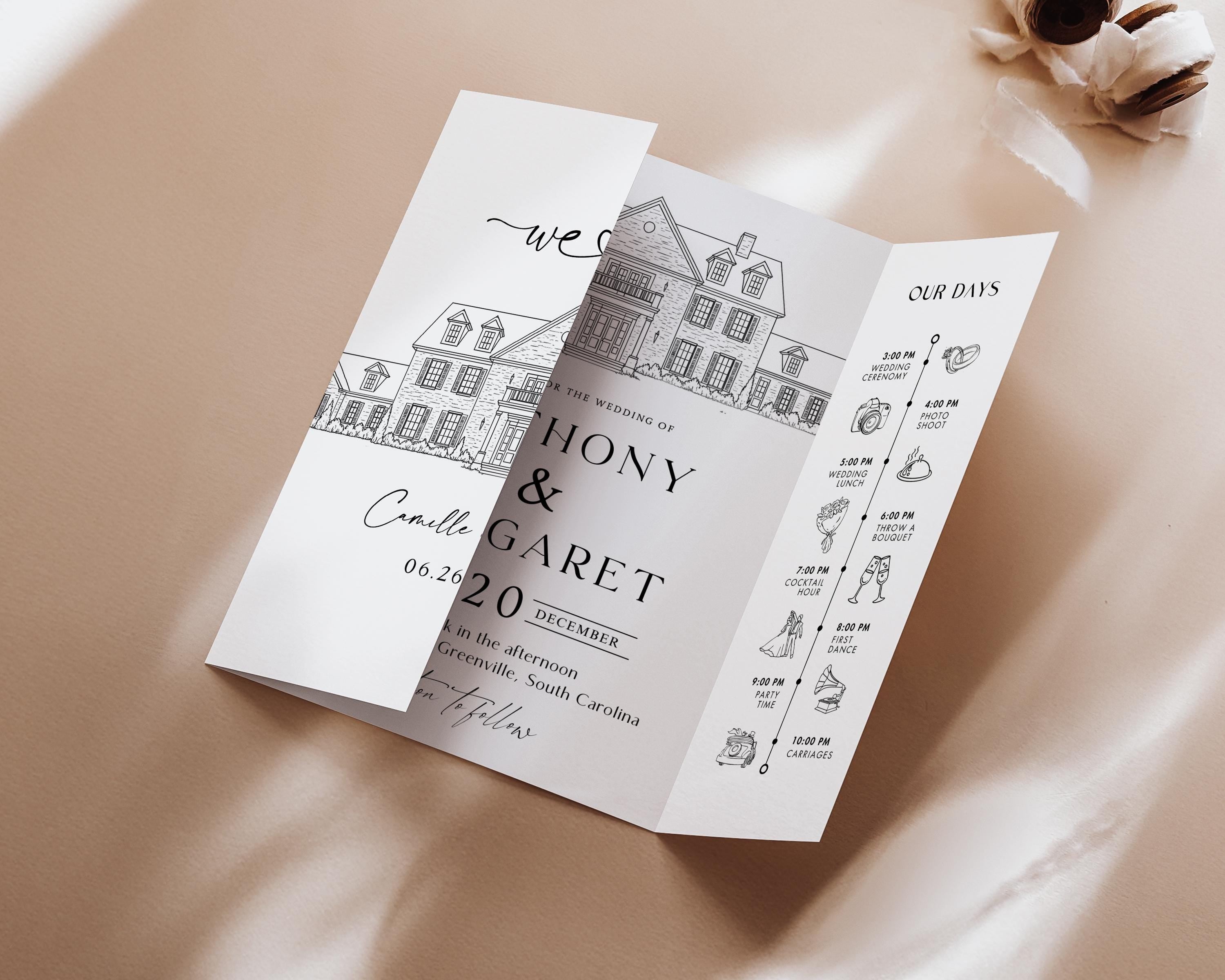 Custom Wedding Venue Illustration Invitation: Line Drawing Gatefold Template