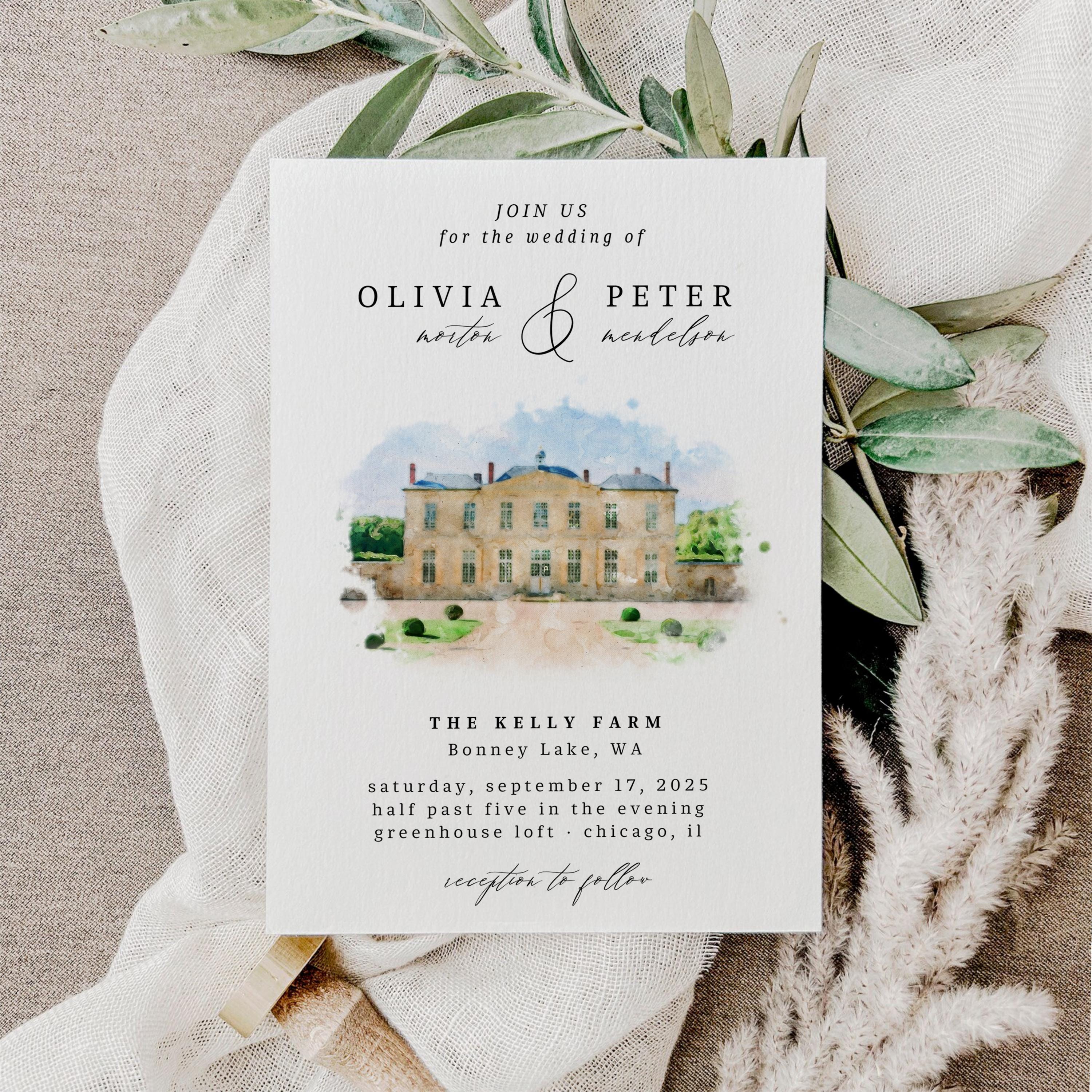Custom Watercolor Venue Wedding Invitation Template (Digital)