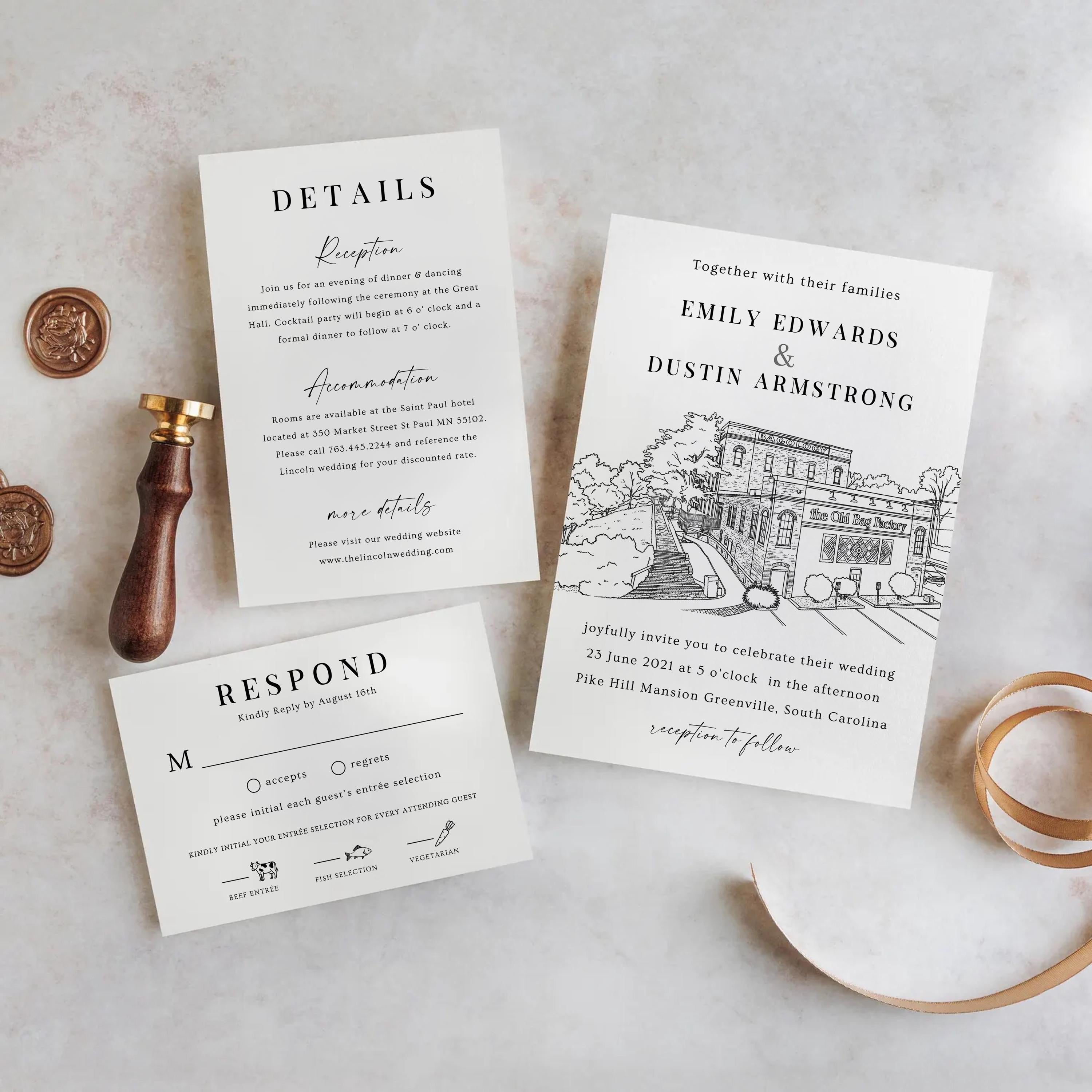 Personalized Wedding Venue Sketch Invitation Suite, Fully Editable DIY Canva Template, Wedding Stationery Bundle