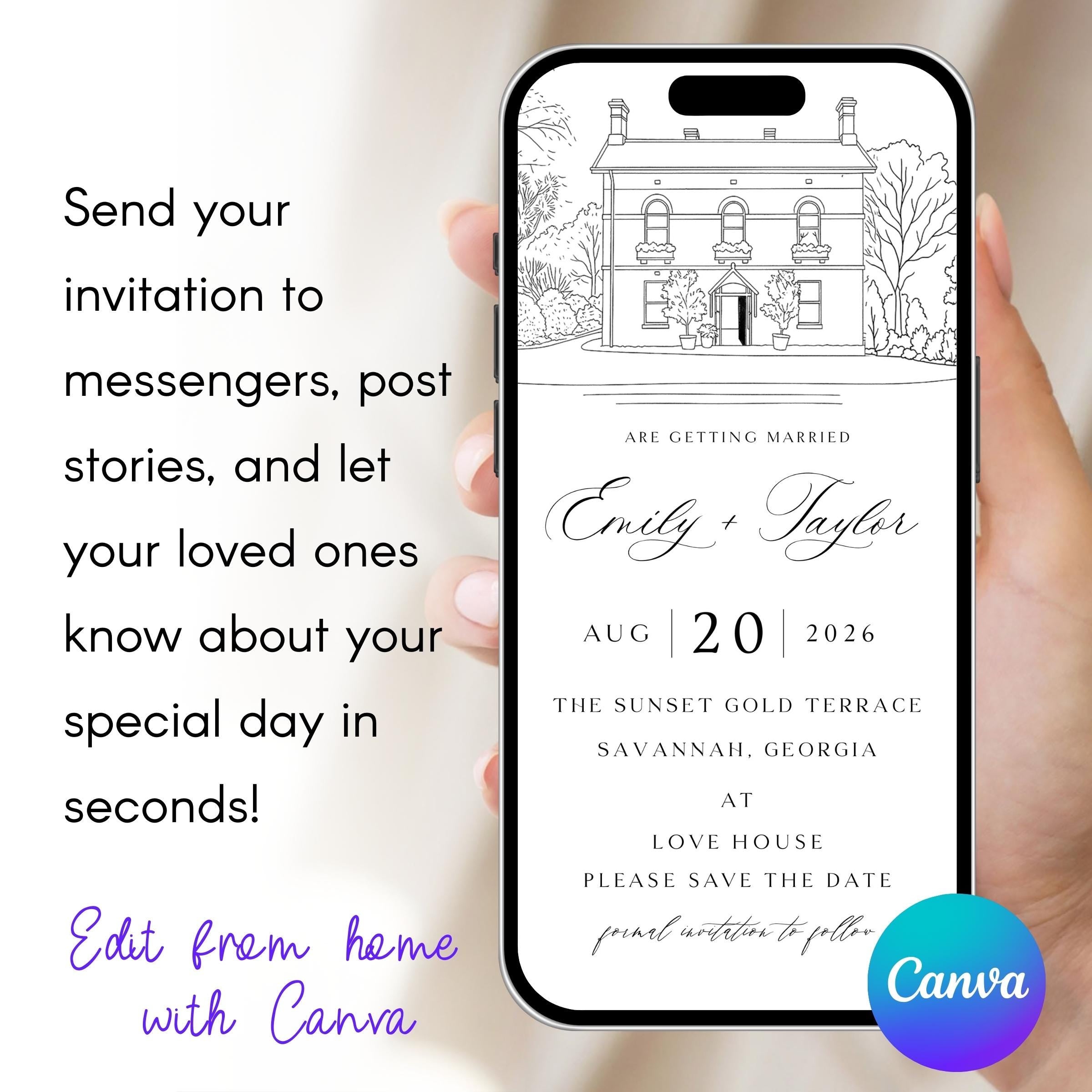 Digital Venue Sketch Save the Date: Personalized E-vite (JPEG, PNG, PDF