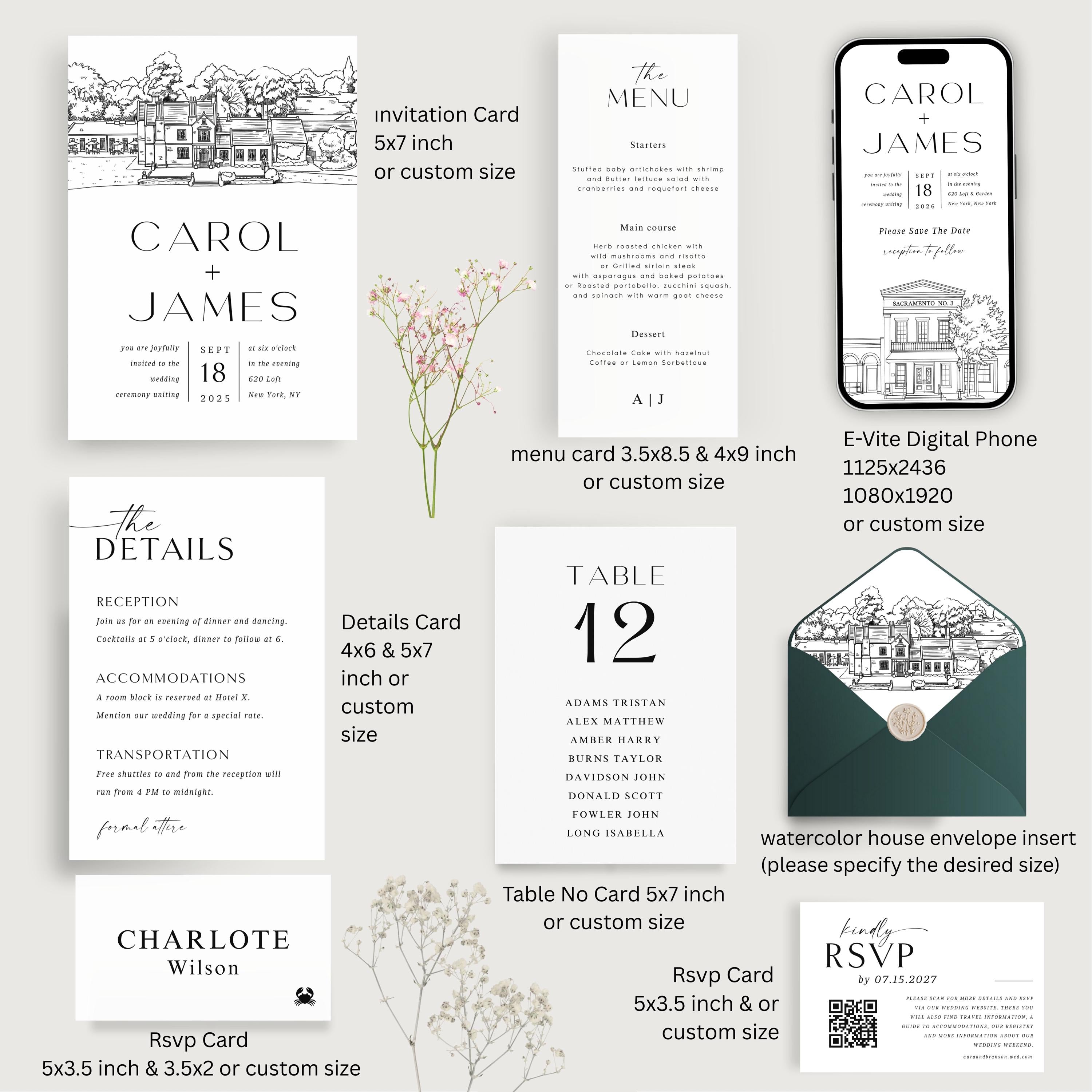 Custom Venue Lineart Invitation Suite | Editable Modern Wedding Invite Canva Template, Wedding Stationery Bundle