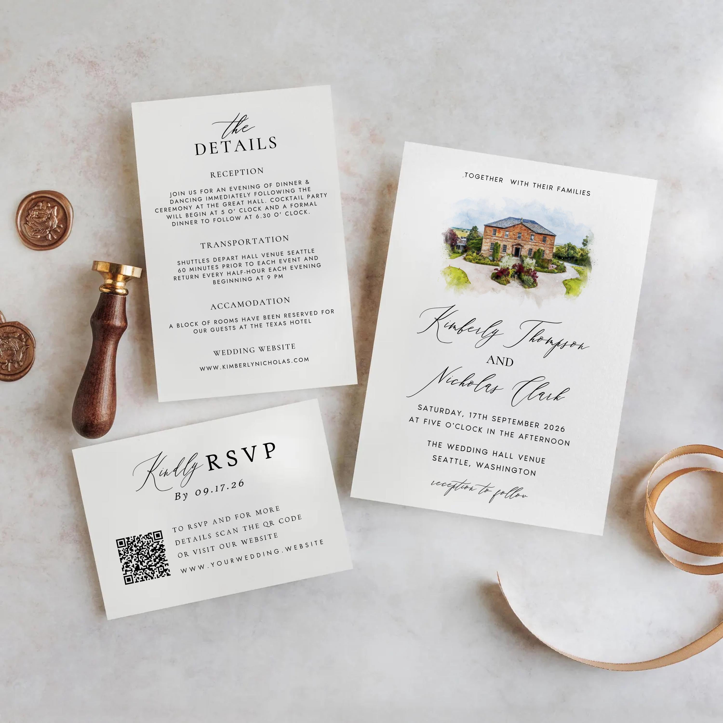 Custom Watercolor Venue Wedding Invitation set | Editable Canva Invite Template | Modern Wedding Illustration