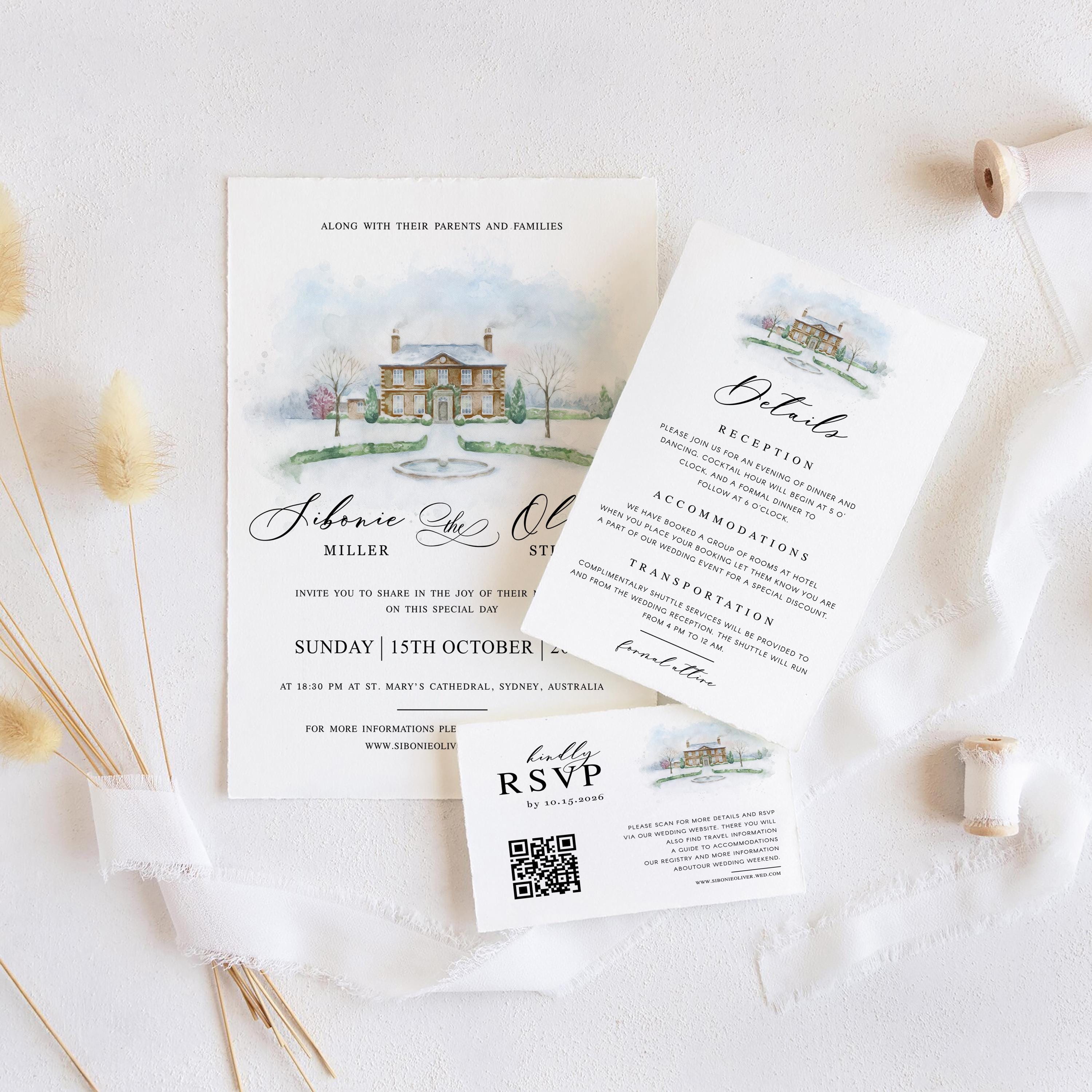 Minimalist Venue Watercolor Wedding Invitations Suite | Venue Illustration Sketch | Editable Canva Template
