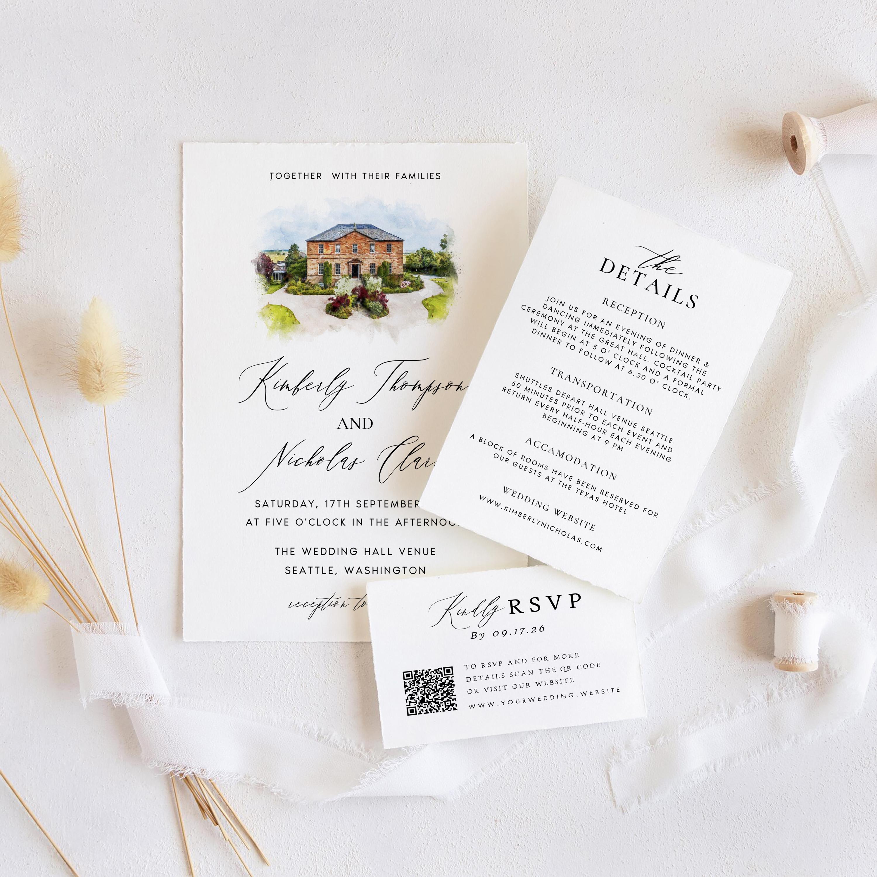 Custom Watercolor Venue Wedding Invitation | Printable Wedding Stationery Bundle | Editable Canva Template