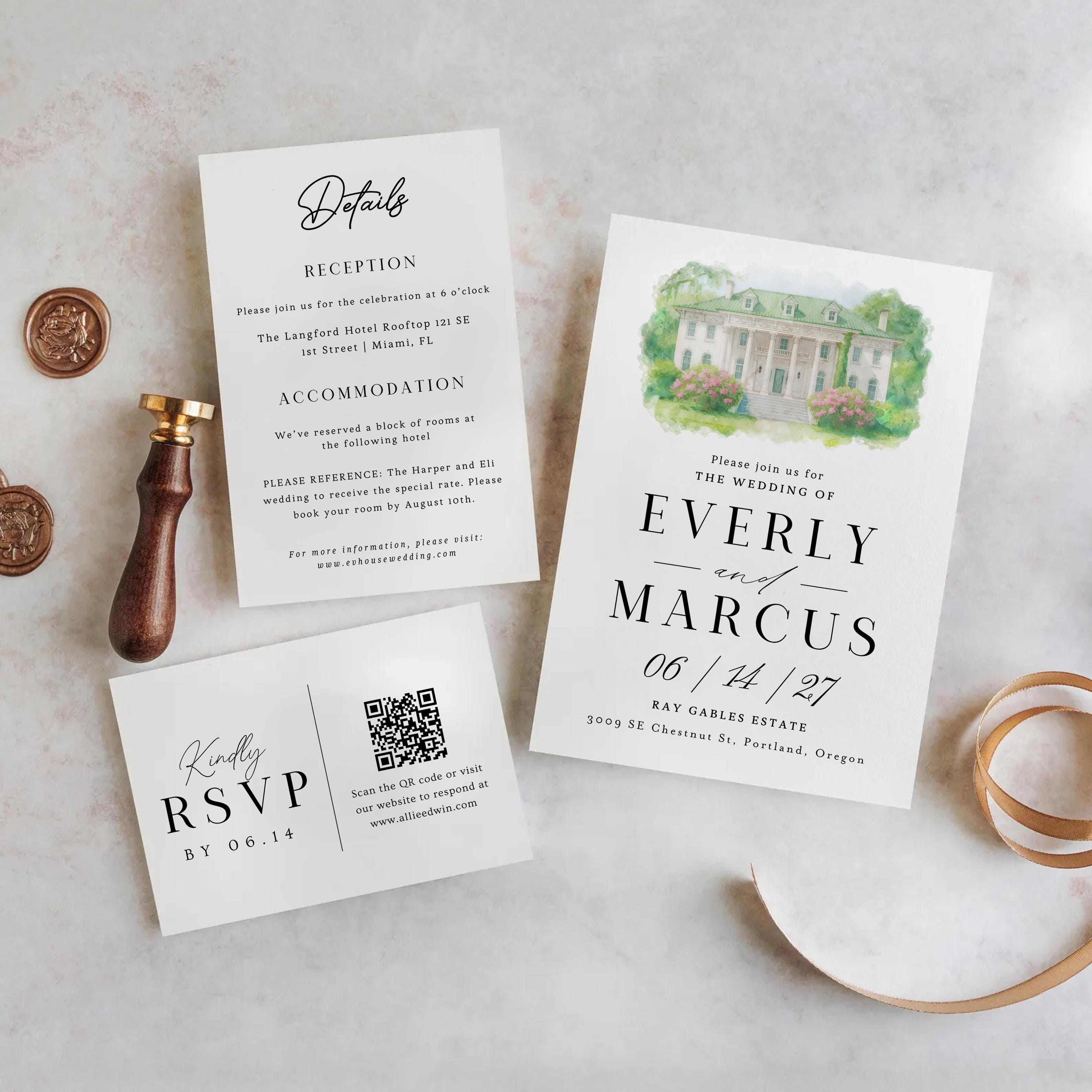 Watercolor Venue Wedding Invitation Template: Custom Illustration (DIY Canva Editable, Digital Download, RSVP Included)