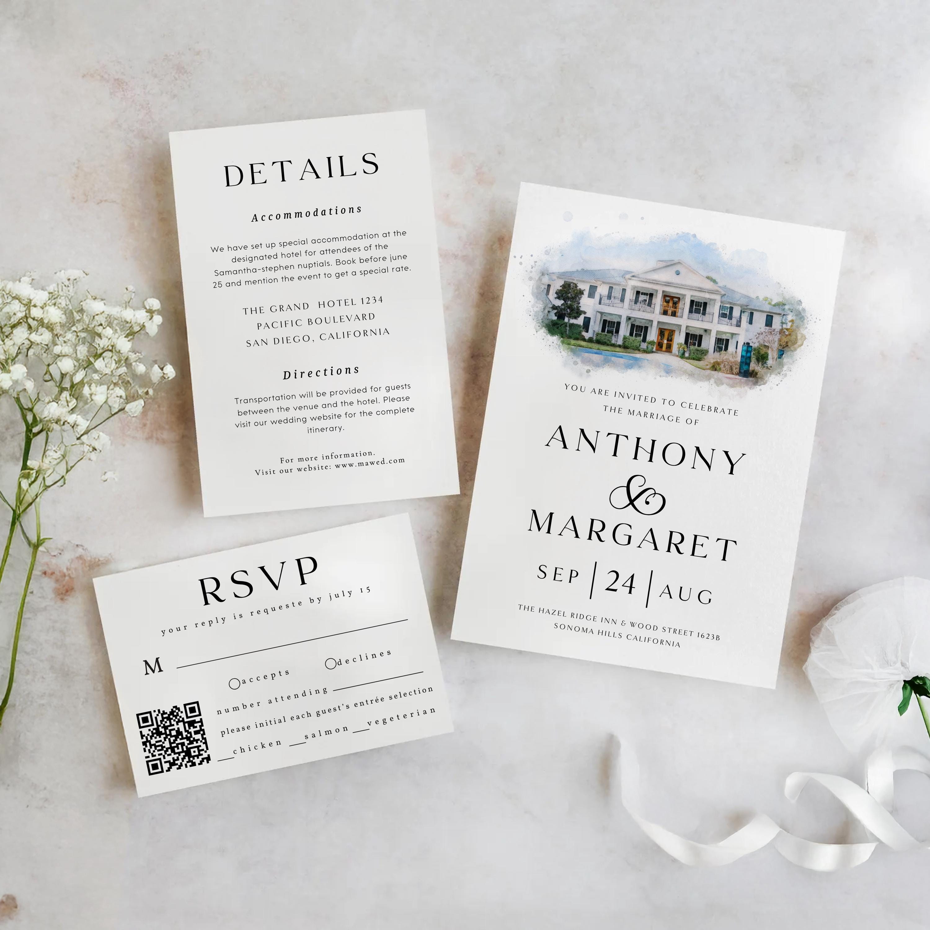 Watercolor Venue Wedding Invitation Template: Custom Illustration (DIY Canva Editable, Digital Download, RSVP Included)