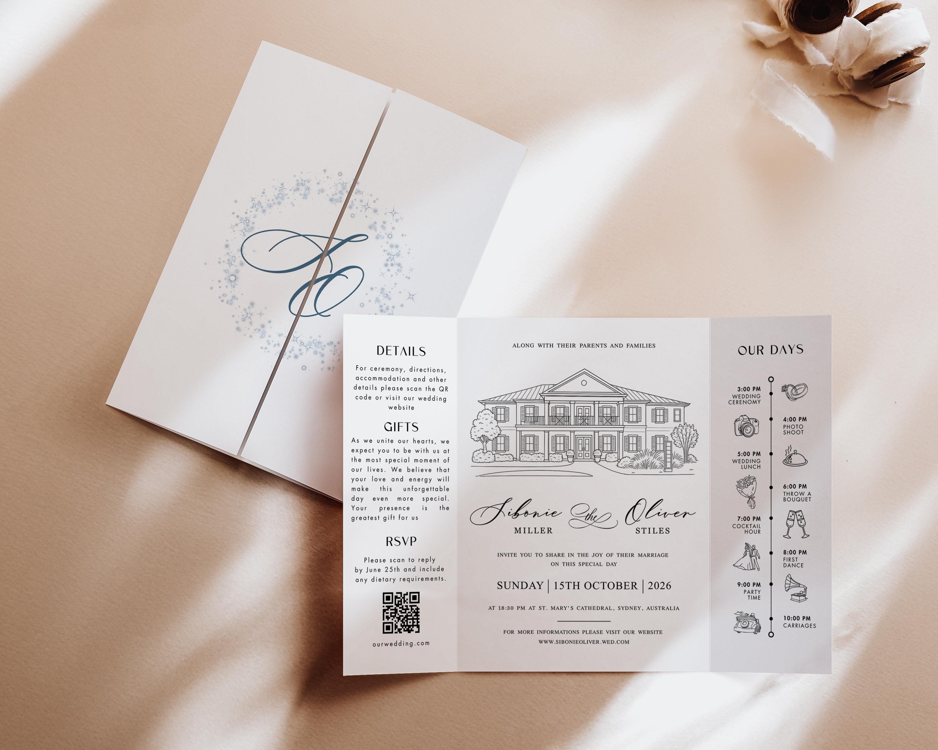 Line Drawing Gatefold | Venue Sketch Wedding Invitations | Wedding Gatefold Invitations | Custom Illustration Invite|Editable Canva Template