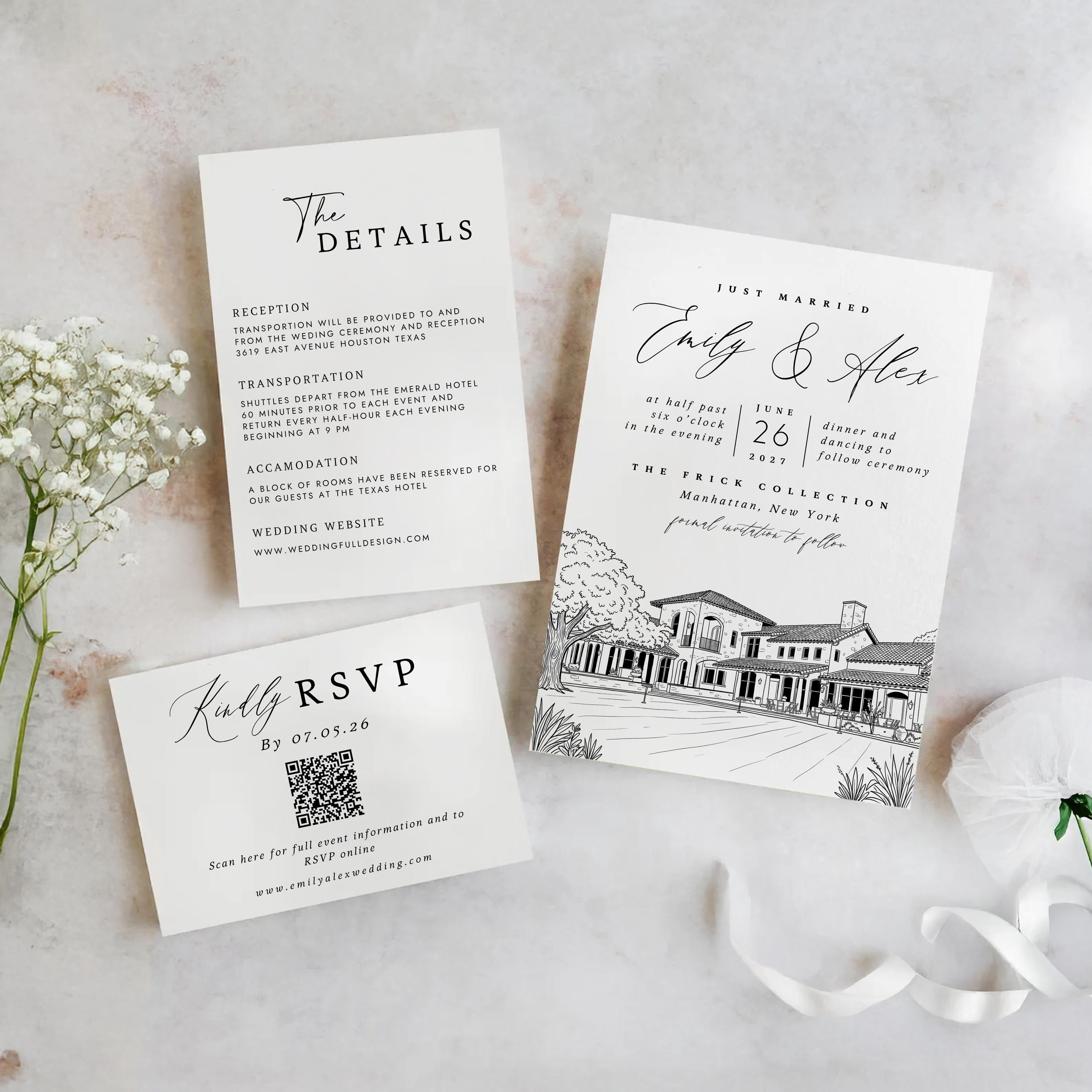 Personalized Wedding Venue Sketch Invitation Suite | Modern Wedding Stationery Bundle | Editable Canva Template