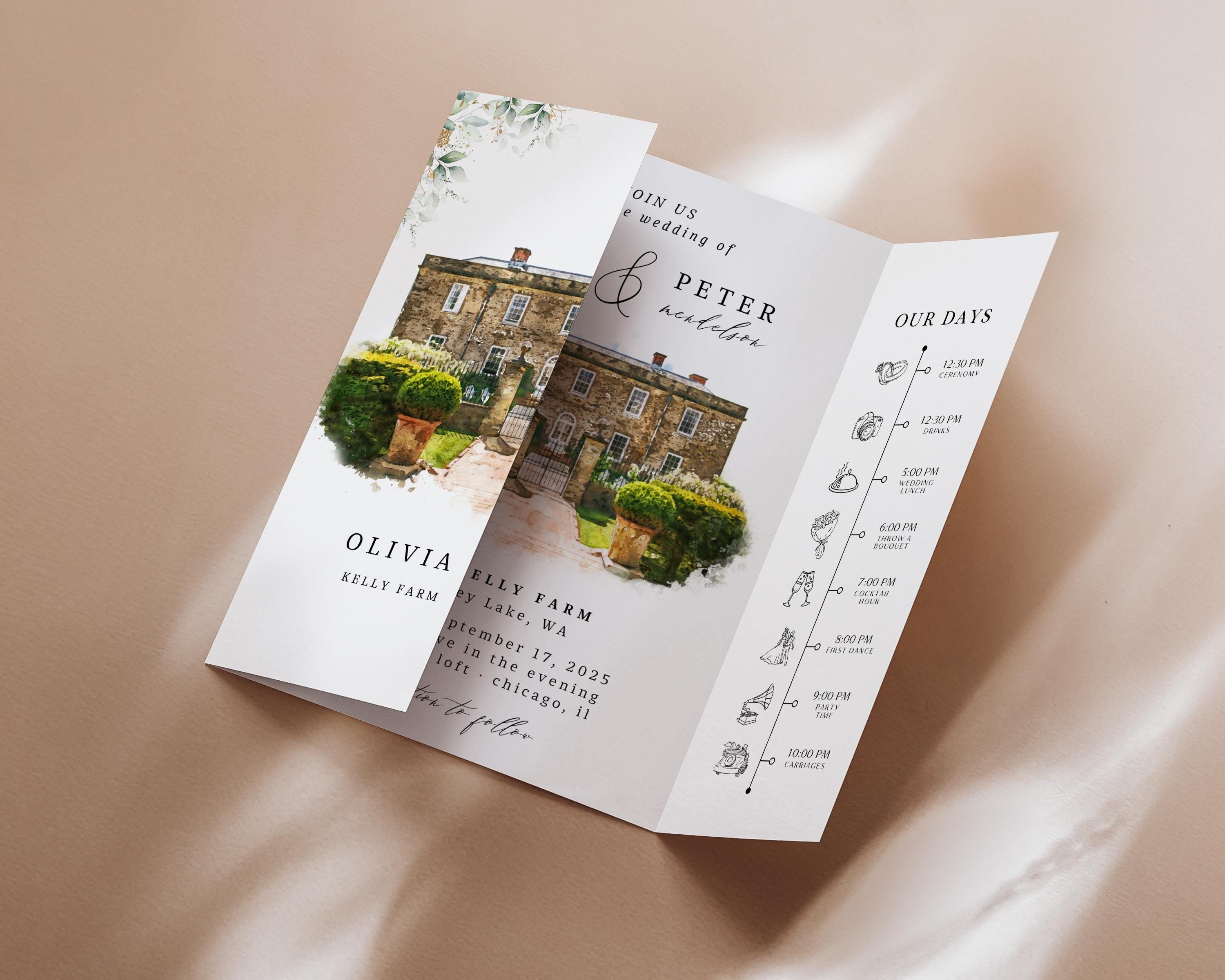 Modern Watercolor Venue Wedding Invitation, Gatefold Canva Template, Custom Editable Invite