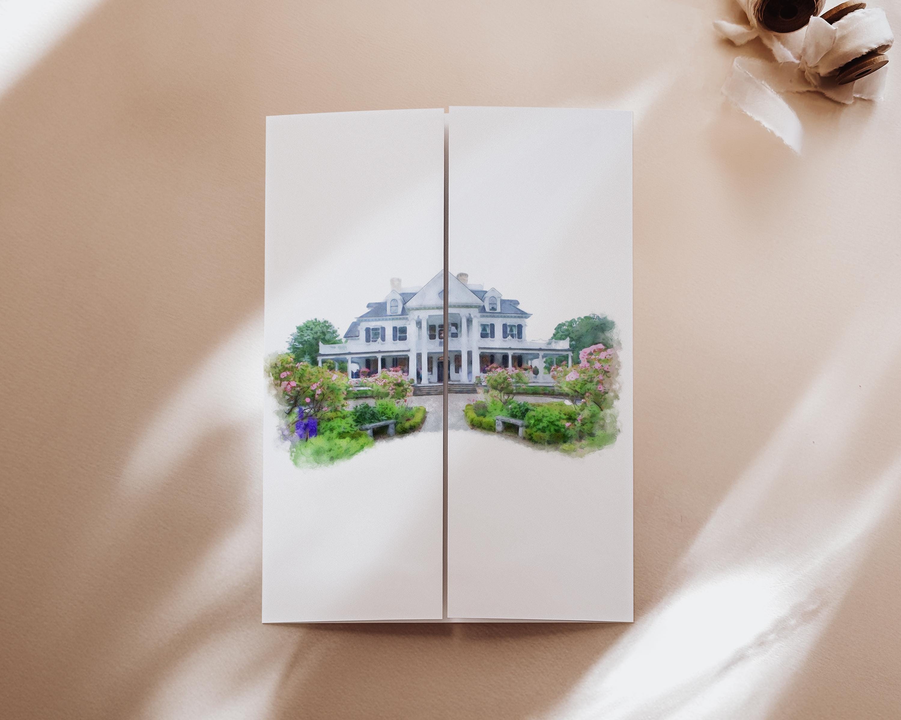 Custom Watercolor Venue Wedding Invitation, Editable Canva Gatefold Invite Template