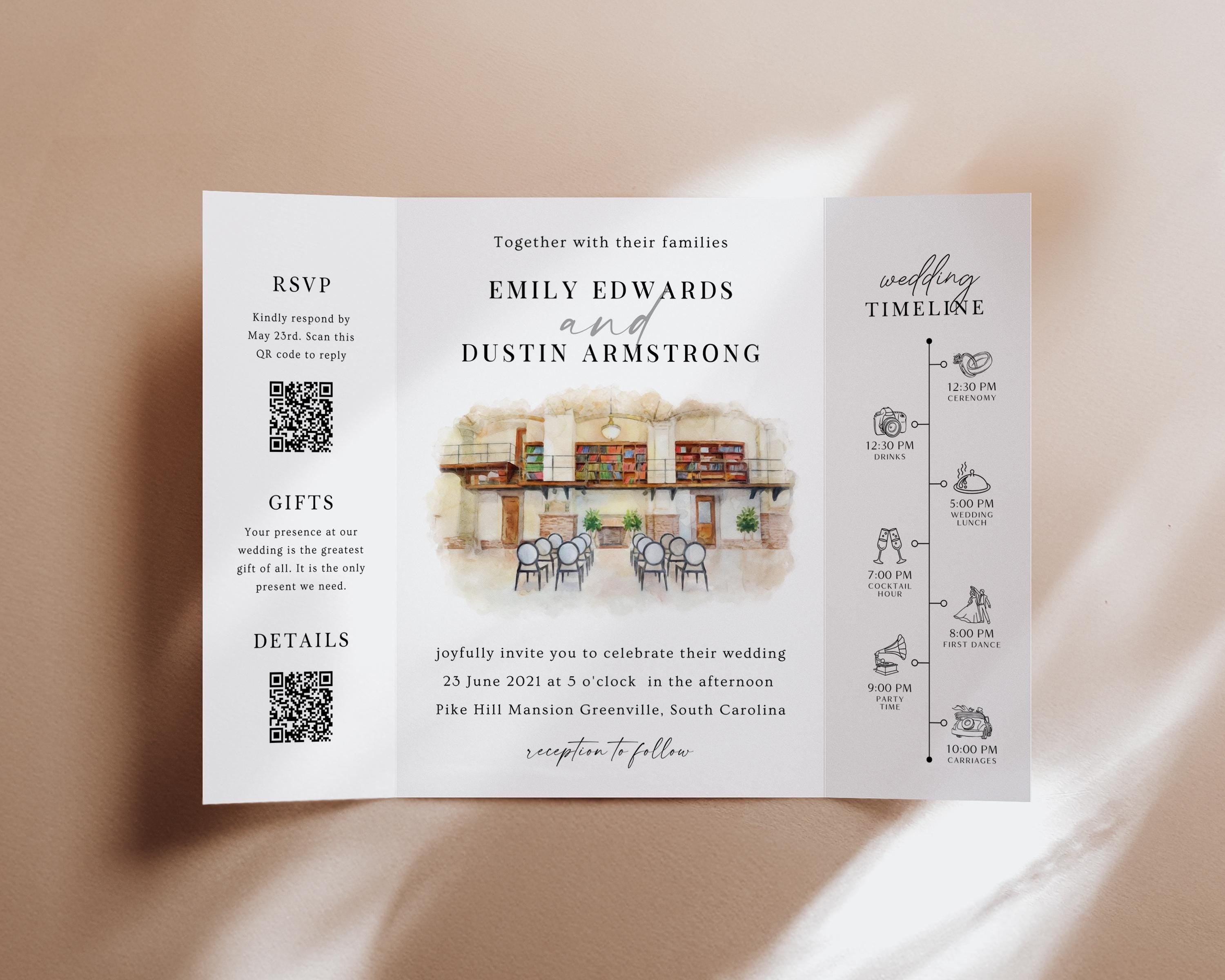 Personalized Watercolor Venue Wedding Invitation | Editable Canva Custom Gatefold Invite | Modern Wedding Template
