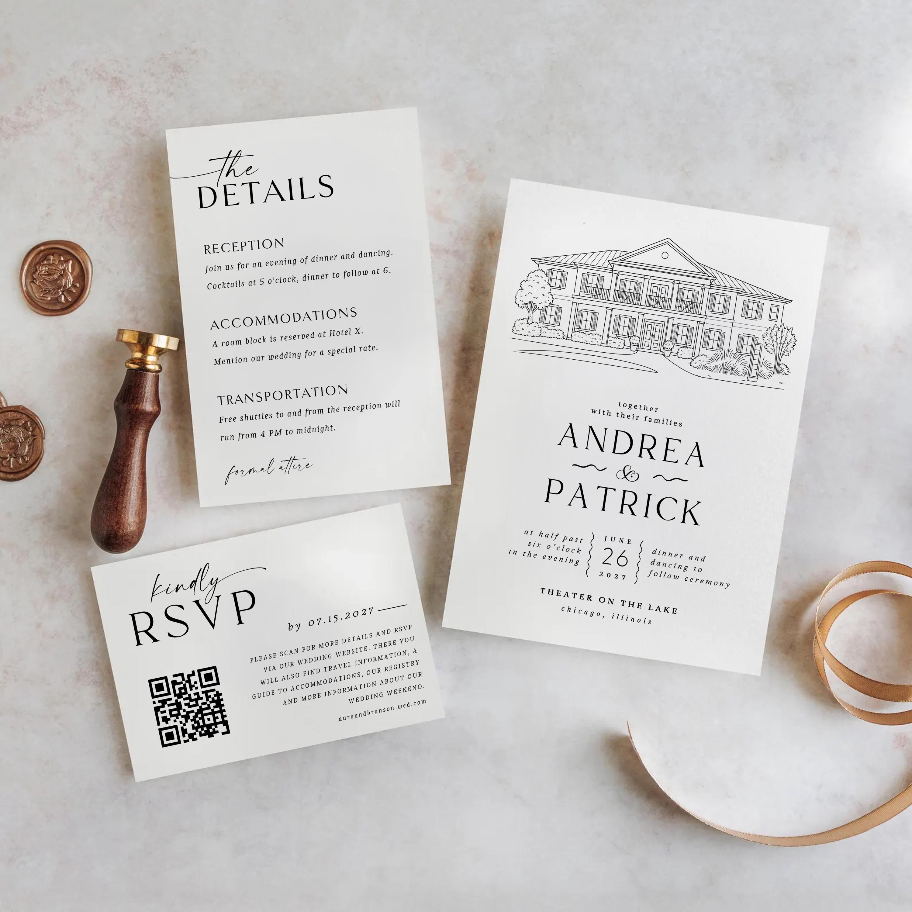 Custom Wedding Venue Line Art Invitation: DIY Canva Template  (Digital Download)