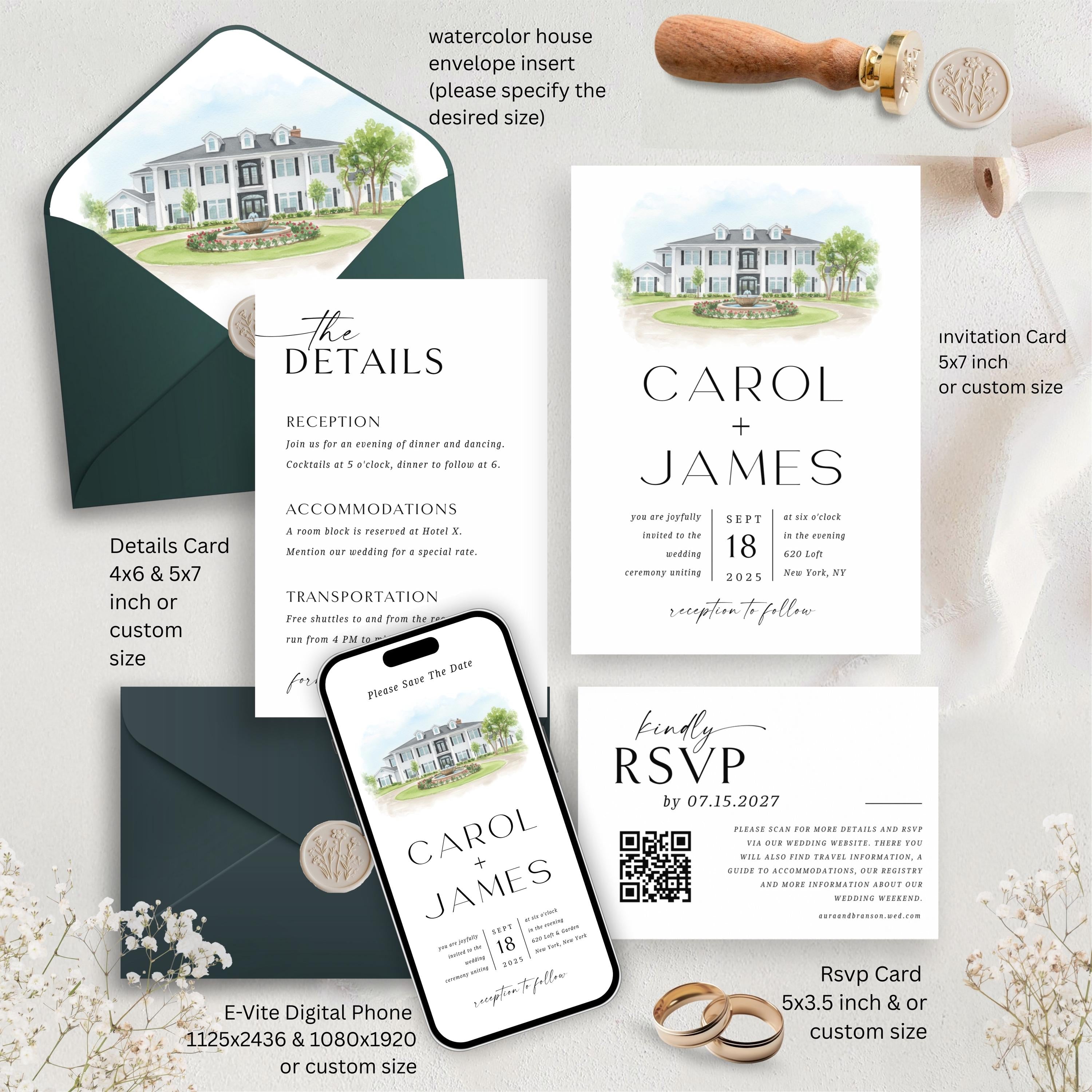 Custom Watercolor Venue Wedding Invitation Suite | Modern Invite set | Editable Canva Template