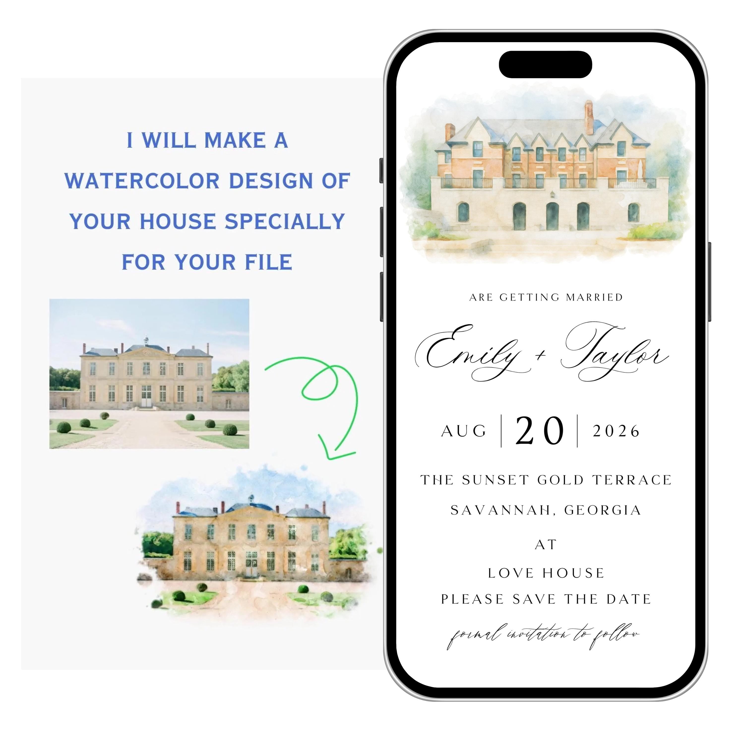 Digital Venue Sketch Save the Date: Watercolor Wedding E-vite (JPEG, PNG, PDF