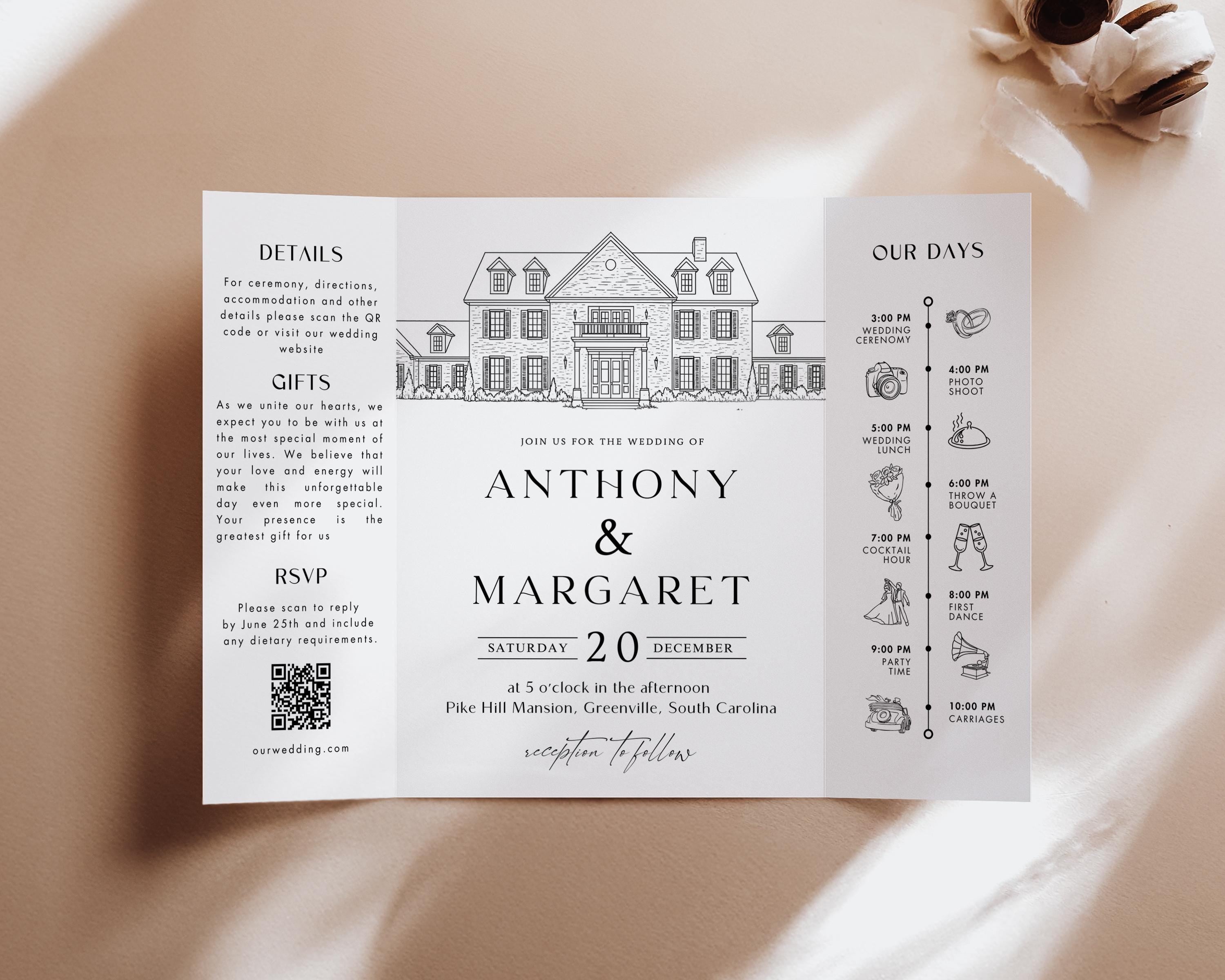 Custom Wedding Venue Illustration Invitation: Line Drawing Gatefold Template