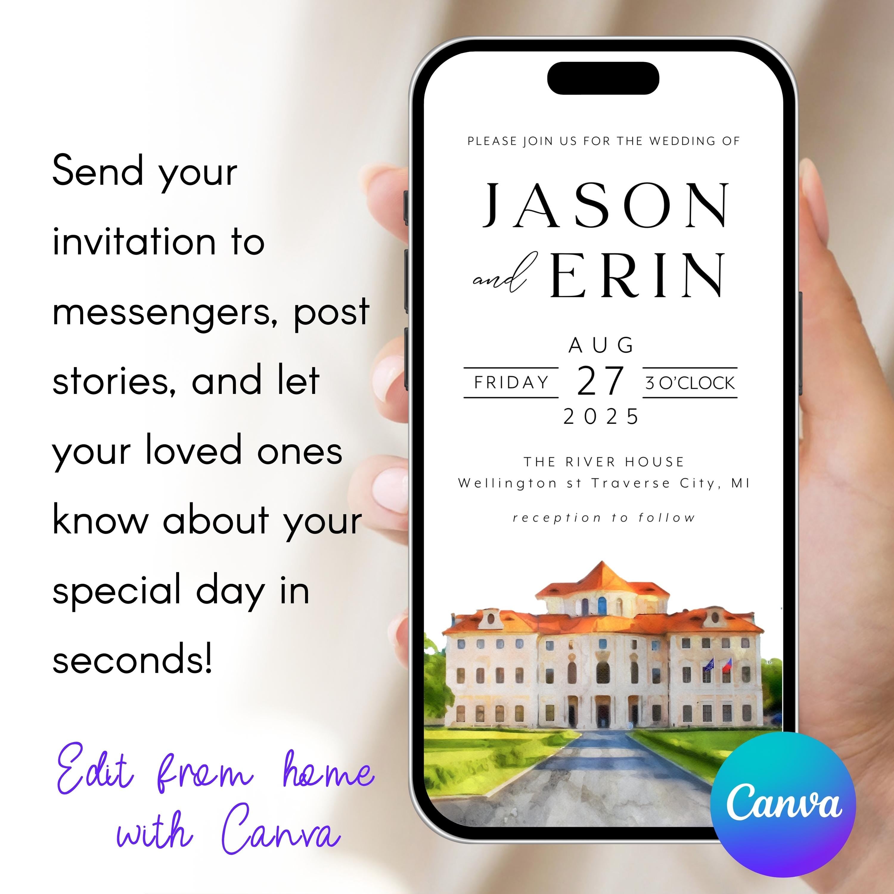 Digital Venue Sketch Save the Date: Watercolor Wedding E-vite (JPEG, PNG, PDF